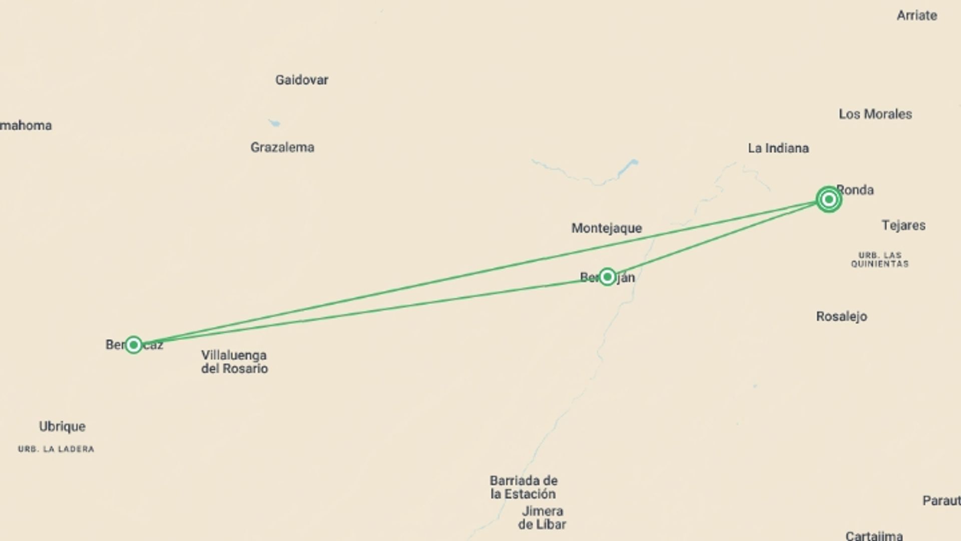 A map showing the tour itinerary for the trip: Ronda and the Sierra de Grazalema, starting in Ronda, Spain and ending in Ronda, Spain going through 2 other destinations.