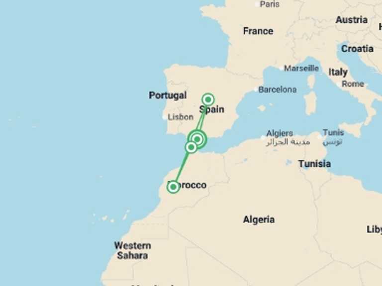 Map itinerary of Spain Tour in March 2027 with 4 destination visits for the trip: Costa del Sol to Casablanca - 5 days