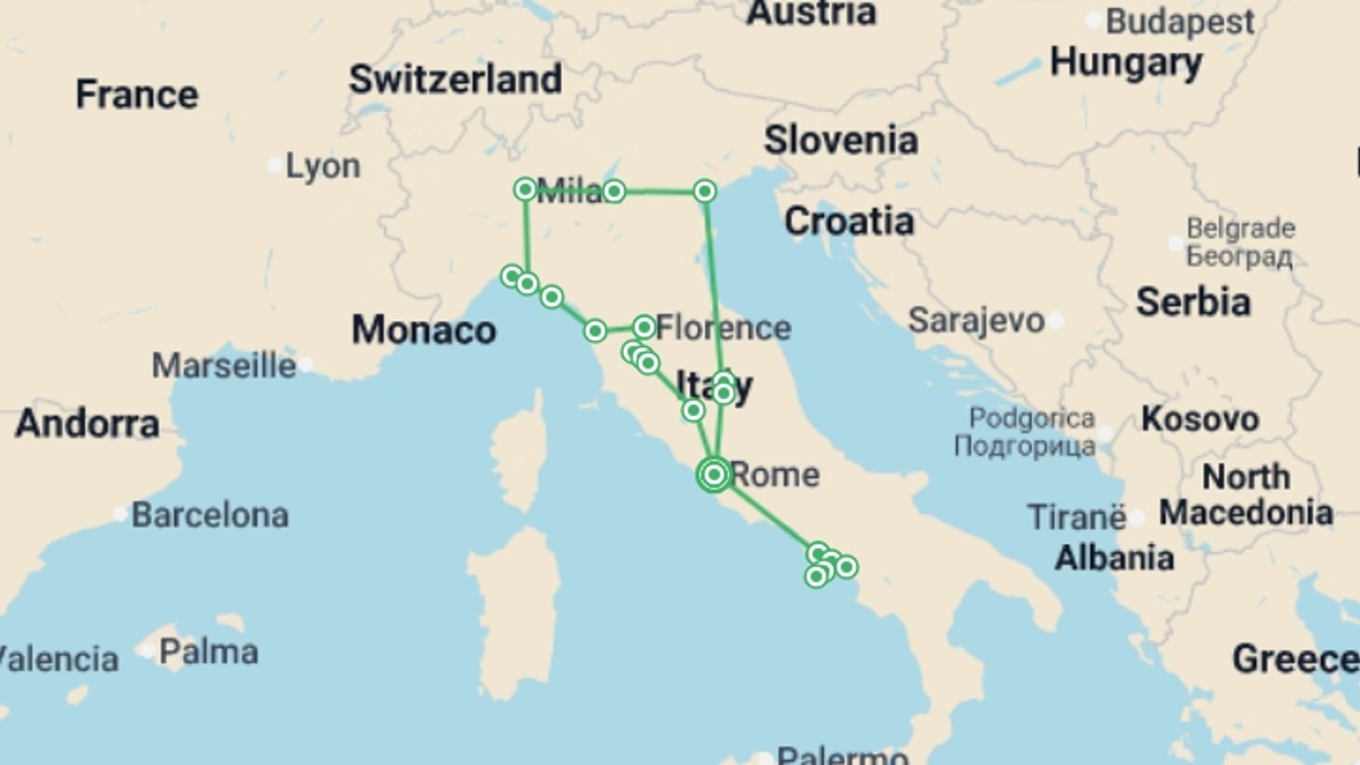 A map showing the tour itinerary for the trip: Golden Italy, starting in Rome, Italy and ending in Rome, Italy going through 9 other destinations.