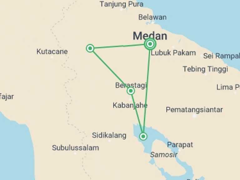 Map itinerary of Medan Tour in Fall with 4 destination visits for the trip: Highlights of Sumatra