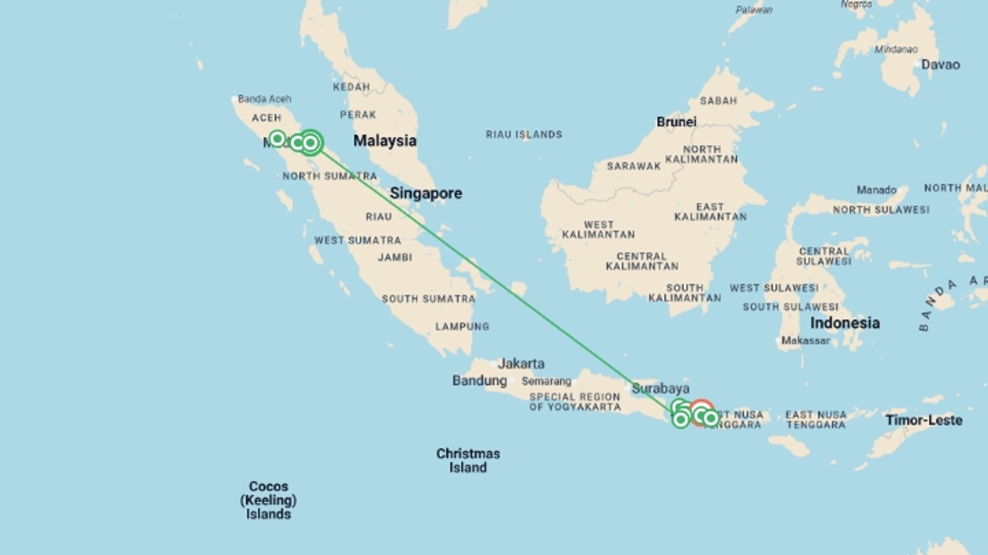 A map showing the tour itinerary for the trip: Wild Sumatra to Gili Bliss: The Ultimate Adventure, starting in Medan, Indonesia and ending in Gili Trawangan, Indonesia going through 8 other destinations.