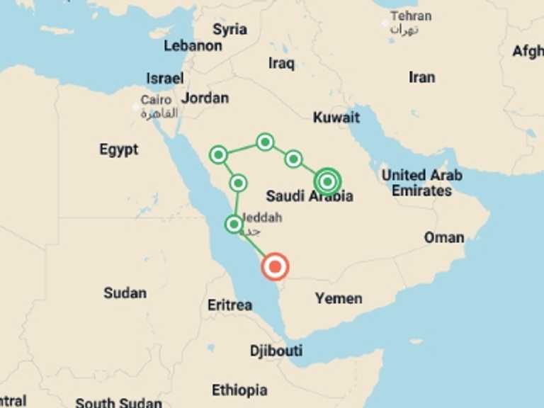 Map of Asia Tour with 7 destination visits for the trip: Saudi Arabia Explorer - Total Eclipse