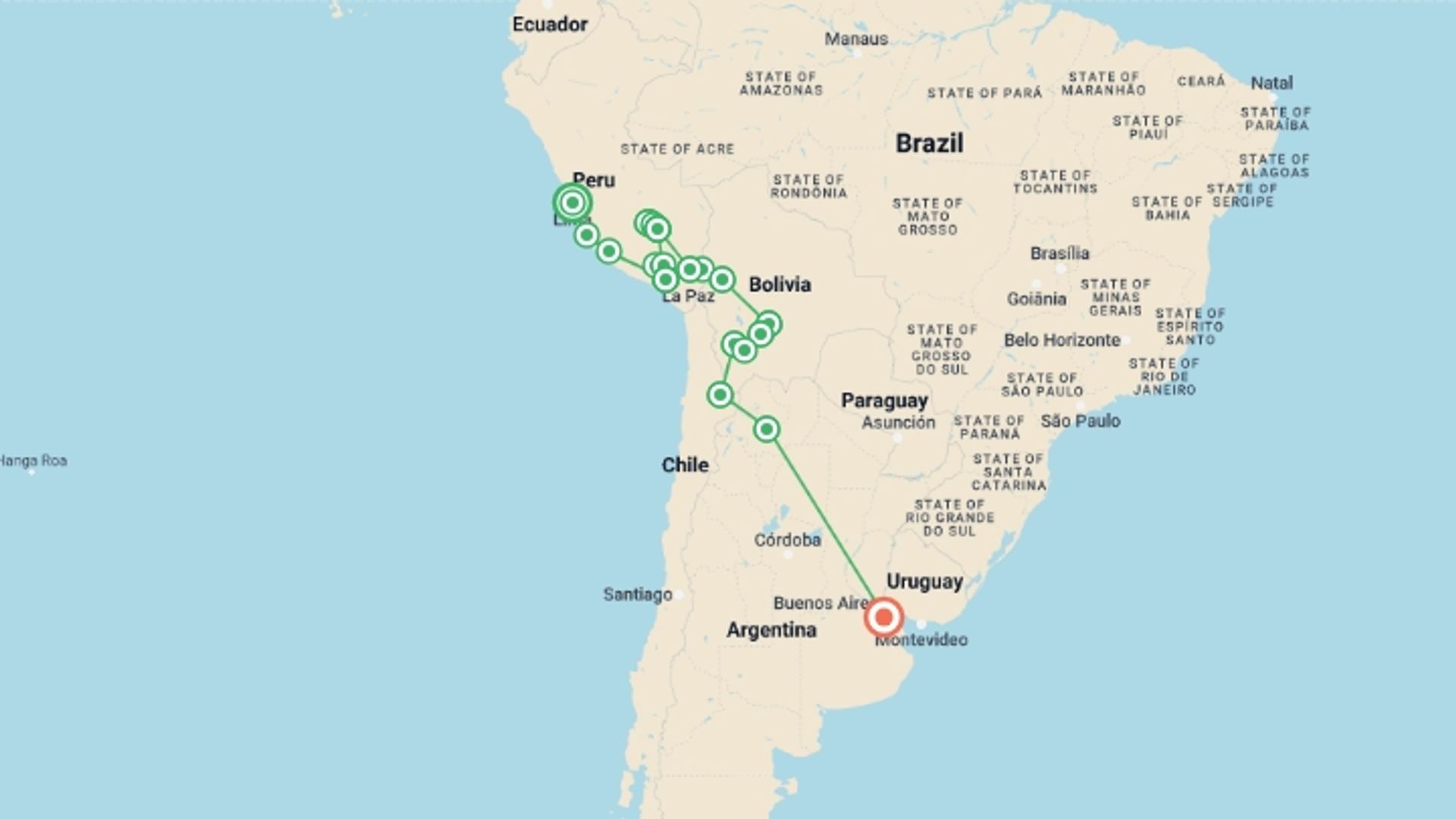 A map showing the tour itinerary for the trip: Lima to Buenos Aires: Deserts & Dancing, starting in Lima, Peru and ending in Buenos Aires, Argentina going through 17 other destinations.