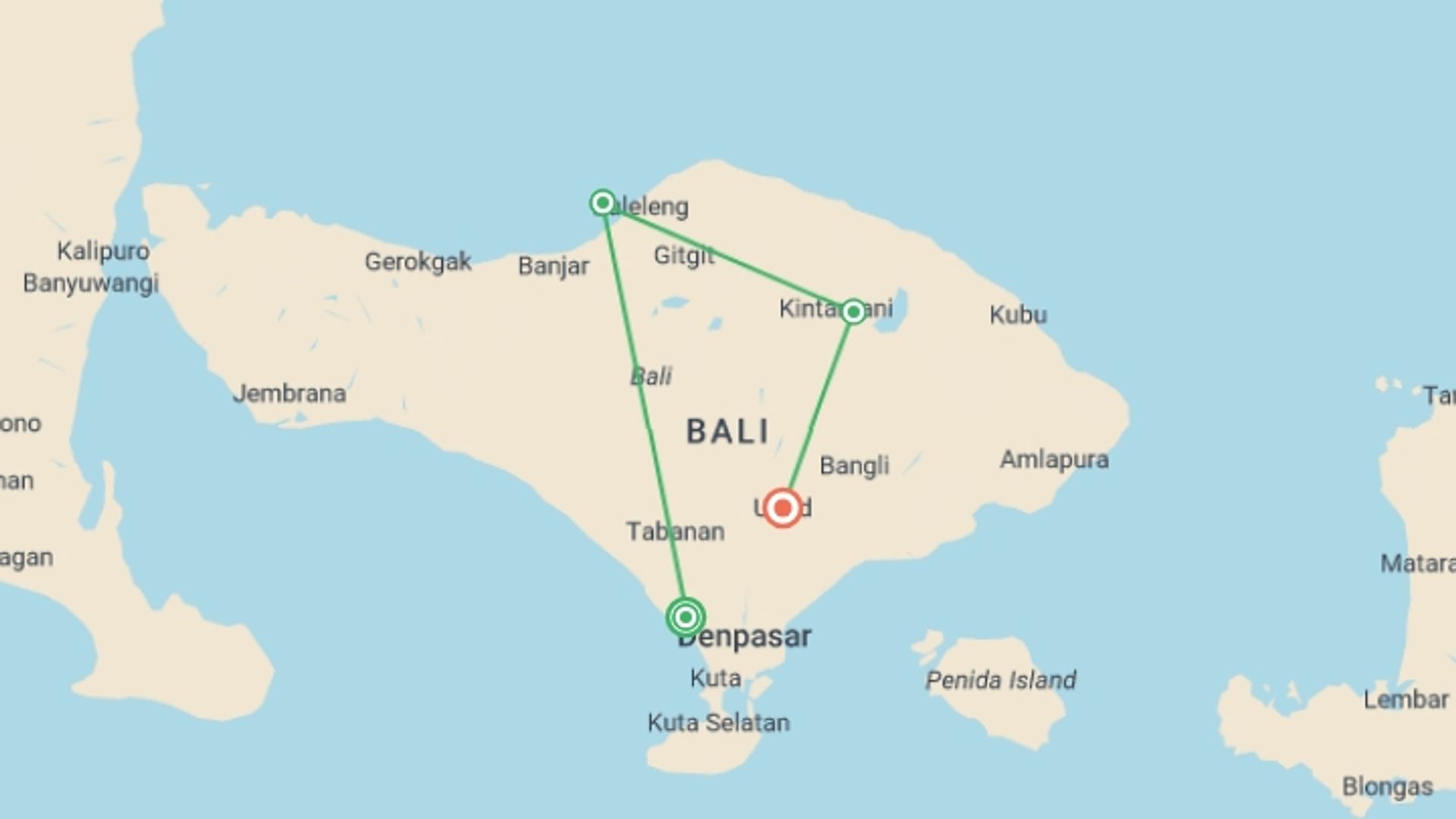 A map showing the tour itinerary for the trip: Bali’s Wild Heart: Soul, Surf & Spirit, starting in Canggu, Indonesia and ending in Ubud, Indonesia going through 2 other destinations.