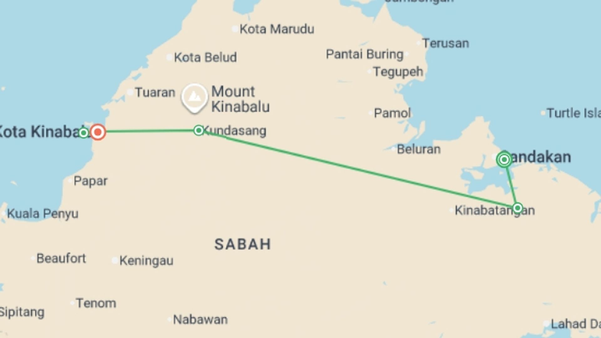 A map showing the tour itinerary for the trip: Classic Borneo, starting in Sandakan, Malaysia and ending in Kota Kinabalu, Malaysia going through 3 other destinations.