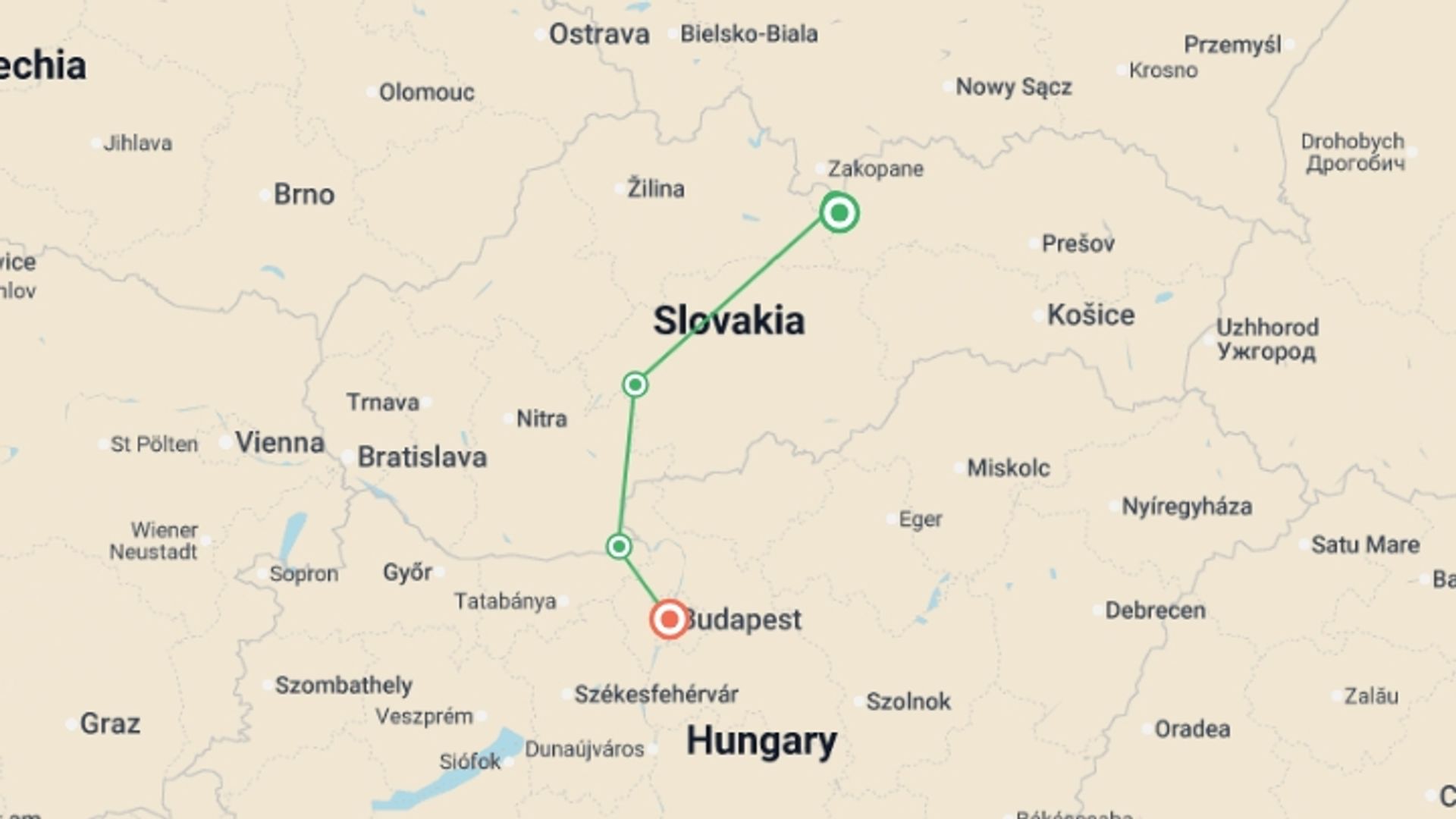 A map showing the tour itinerary for the trip: Cycling High Tatras to Budapest, starting in Strbske Pleso, Hungary and ending in Budapest, Hungary going through 4 other destinations.