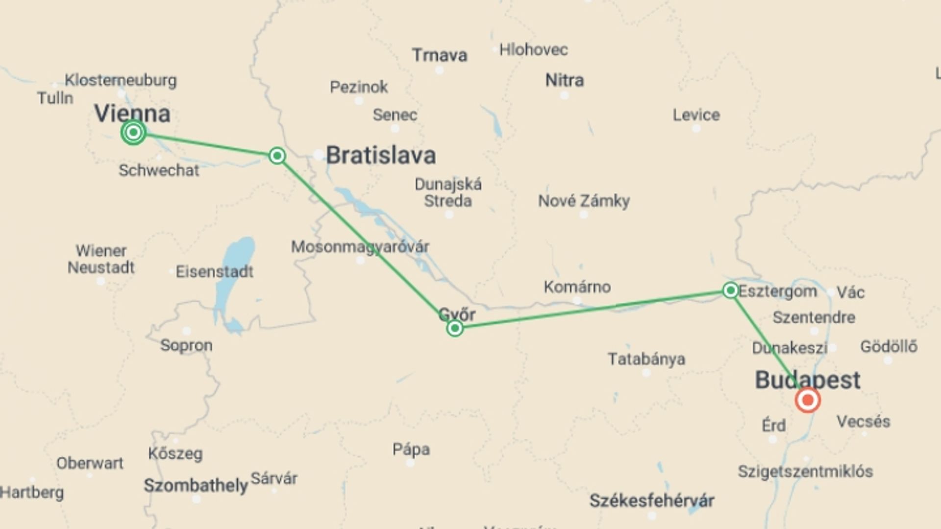 A map showing the tour itinerary for the trip: Cycling Vienna to Budapest, starting in Vienna, Austria and ending in Budapest, Hungary going through 3 other destinations.