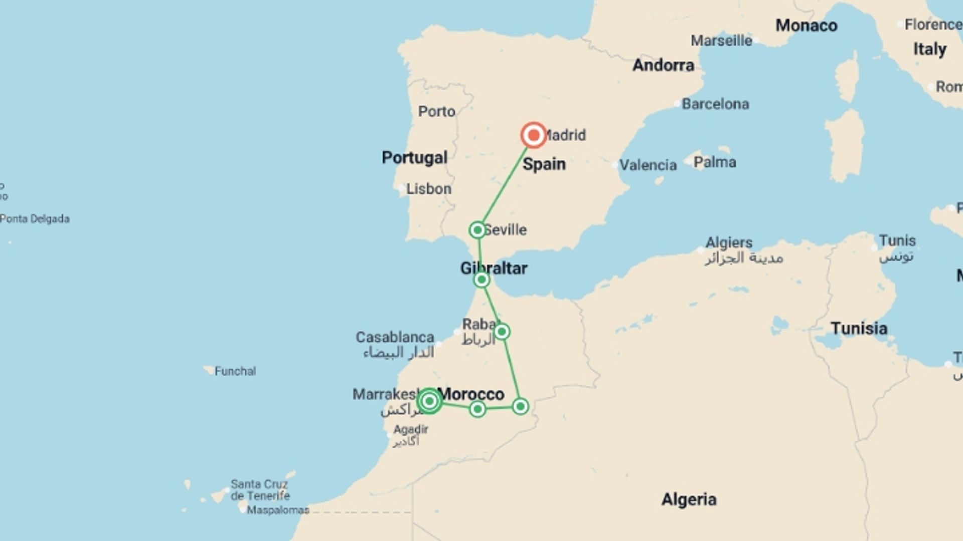 A map showing the tour itinerary for the trip: From Marrakesh to Madrid, starting in Marrakech, Morocco and ending in Madrid, Spain going through 5 other destinations.
