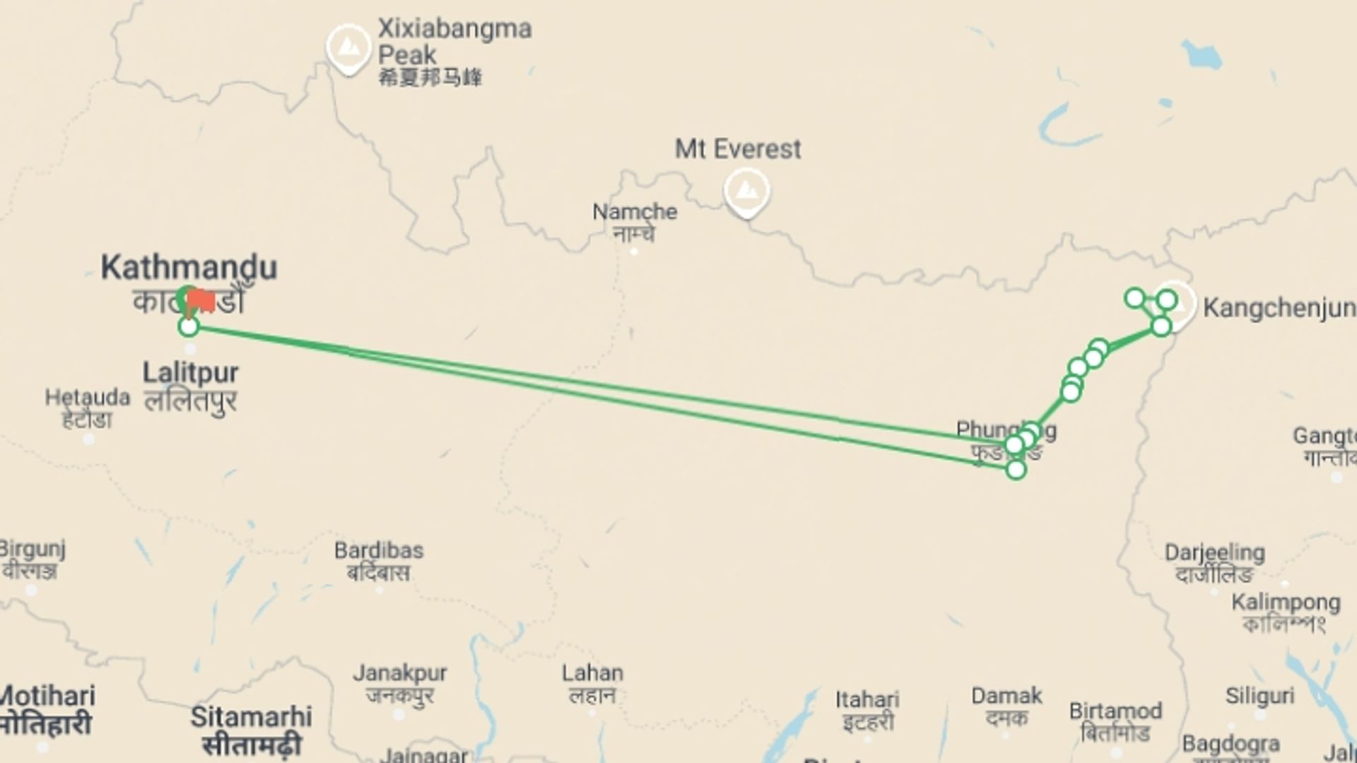 A map showing the tour itinerary for the trip: Kanchenjunga  Base Camp Trek, starting in Kathmandu, Nepal and ending in Kathmandu, Nepal going through 13 other destinations.