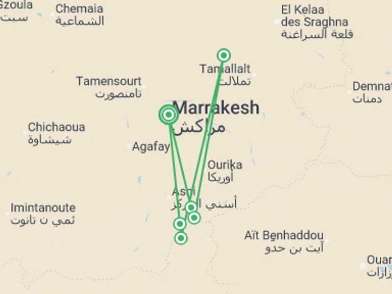 Map of 8-Day Marrakech Tour with 4 destination visits for the trip: Mount Toubkal Trek - 8 days