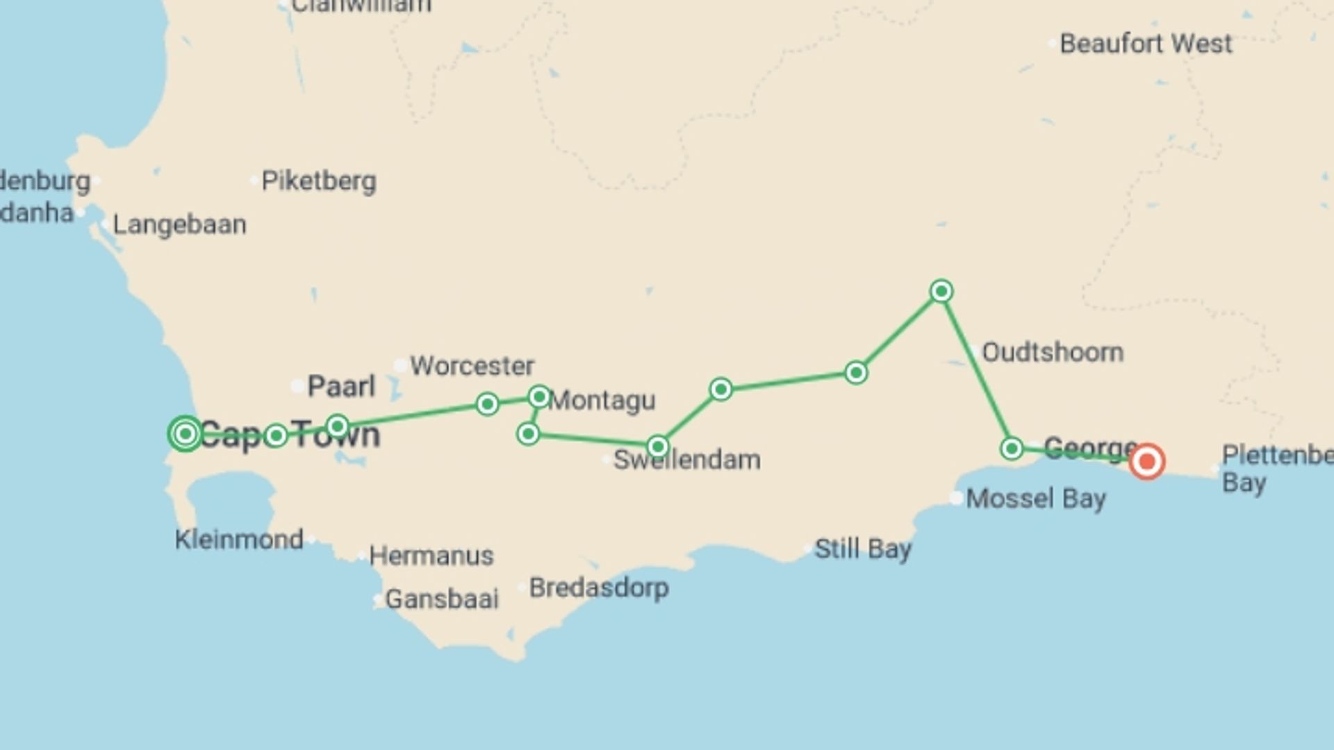A map showing the tour itinerary for the trip: Cycling South Africa's Route 62, starting in Cape Town, South Africa and ending in Knysna, South Africa going through 4 other destinations.