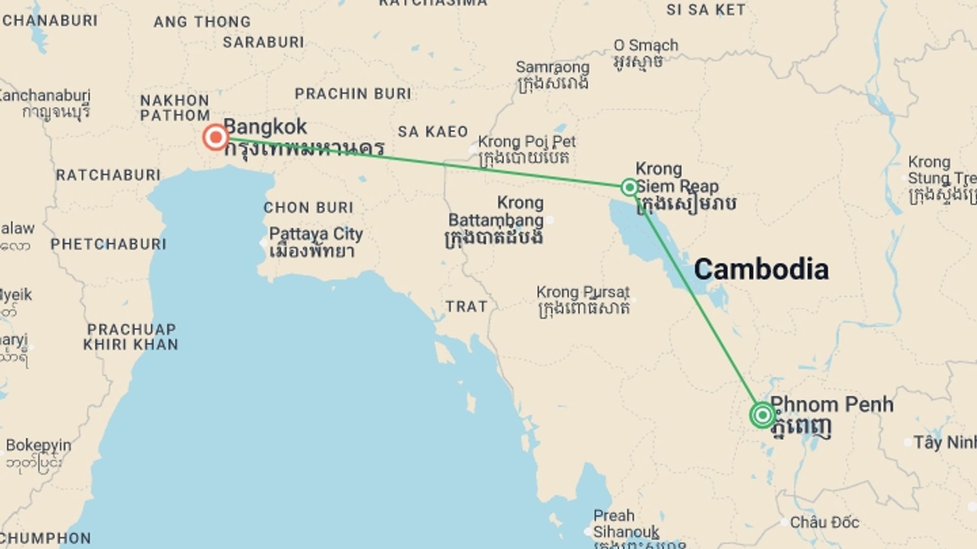 A map showing the tour itinerary for the trip: Classic Cambodia & Bangkok - 7 days, starting in Phnom Penh, Cambodia and ending in Bangkok, Thailand going through 1 other destinations.