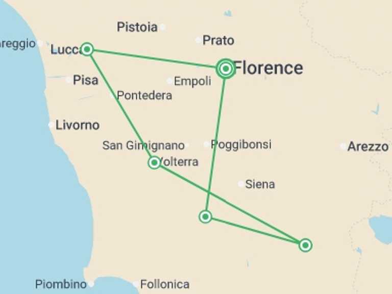 Map itinerary of Europe Tour in July 2026 with 5 destination visits for the trip: Tuscan Treats