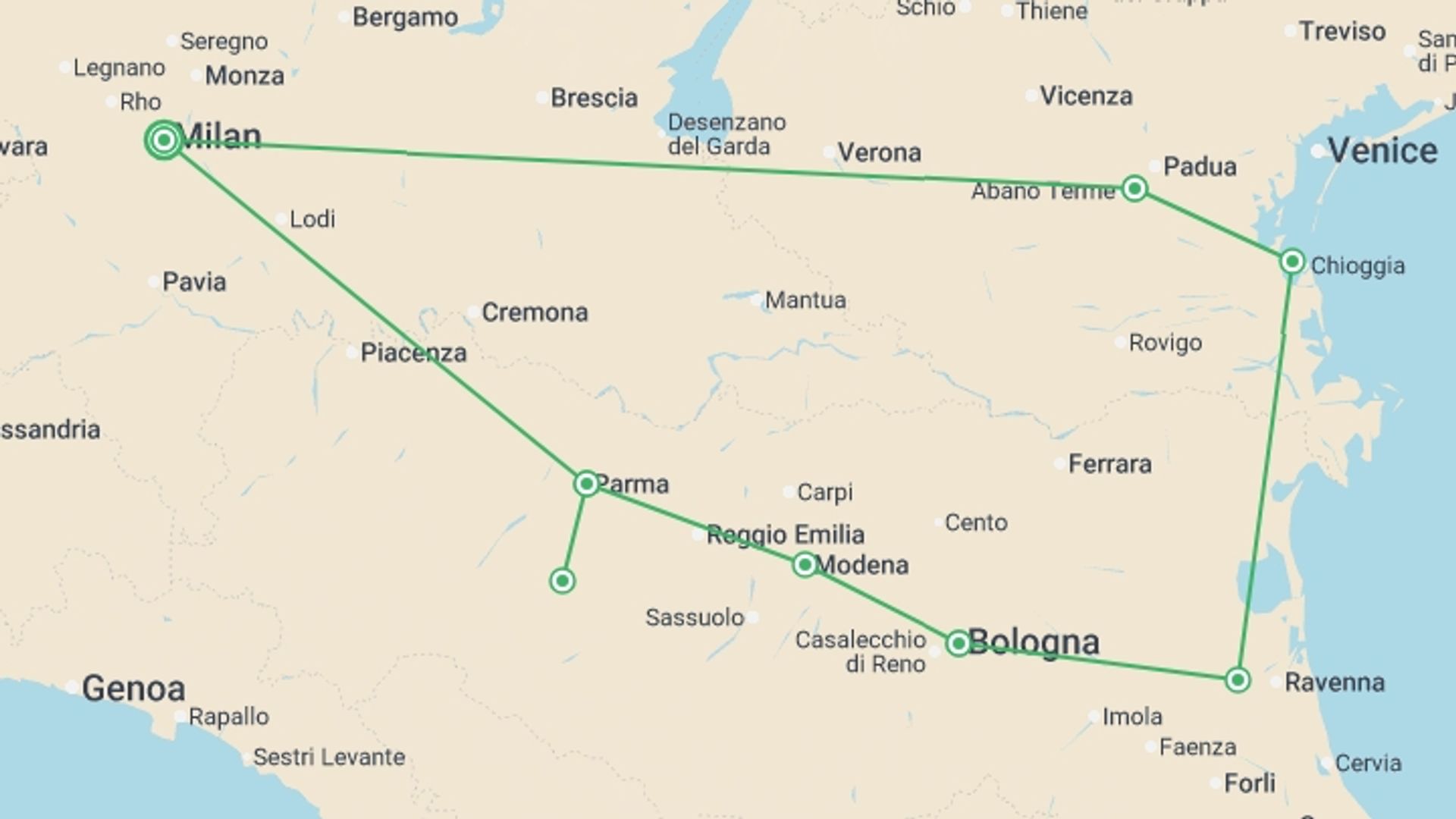 A map showing the tour itinerary for the trip: A Taste of Medieval Italy, starting in Milan, Italy and ending in Milan, Italy going through 4 other destinations.