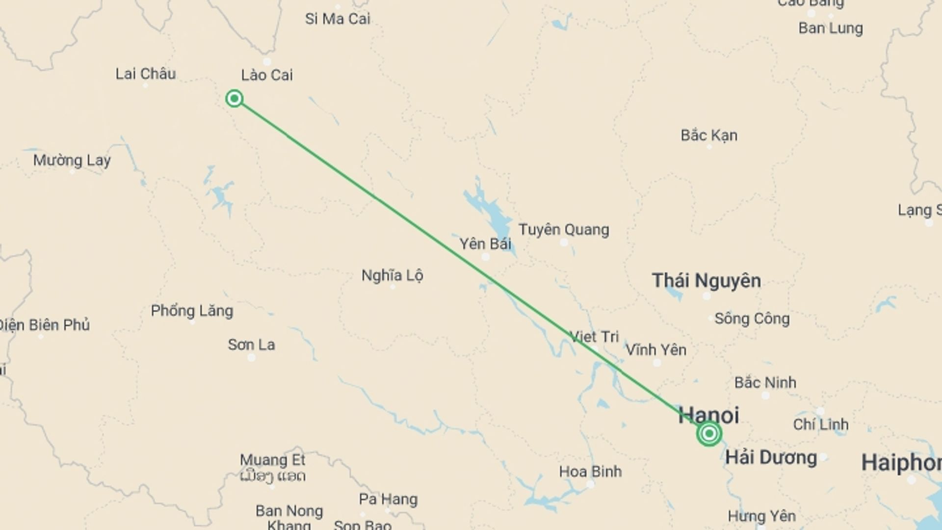 A map showing the tour itinerary for the trip: Sapa Adventure, starting in Hanoi, Vietnam and ending in Hanoi, Vietnam going through 1 other destinations.