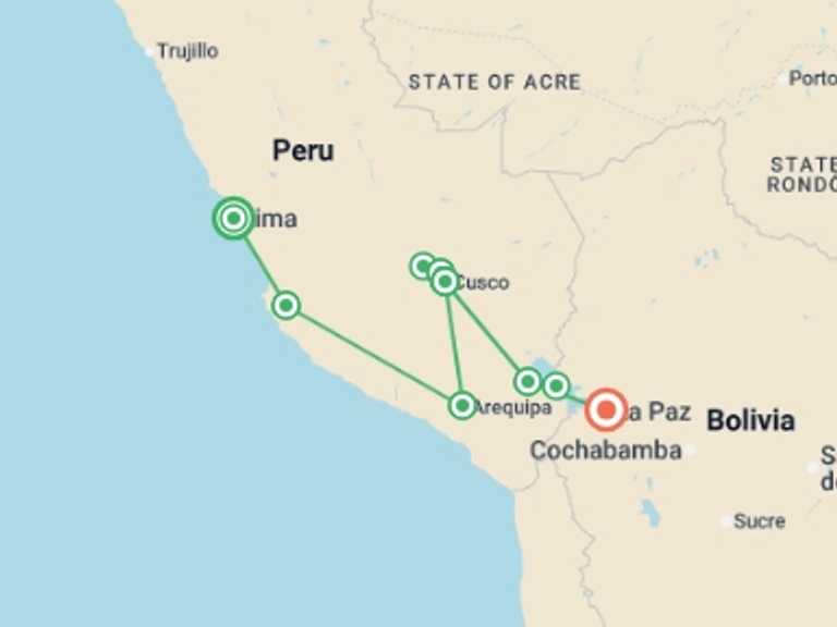 Map of South America Tour with 8 destination visits for the trip: Lima to La Paz