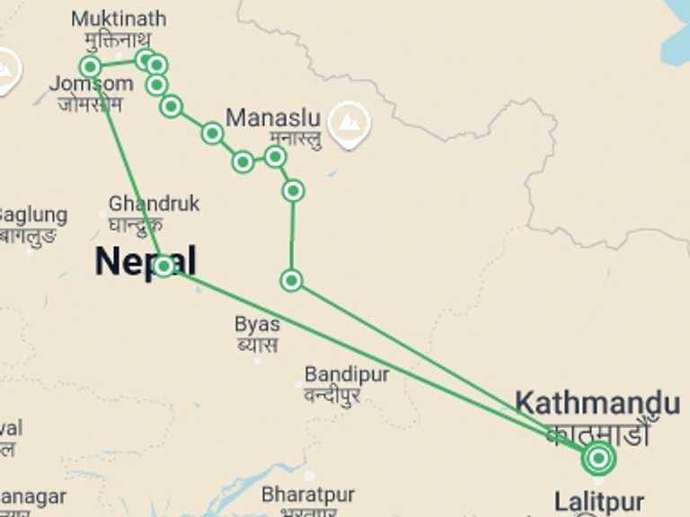 Map of Pokhara Trekking and Hiking Tour with 13 destination visits for the trip: Annapurna Circuit Trek