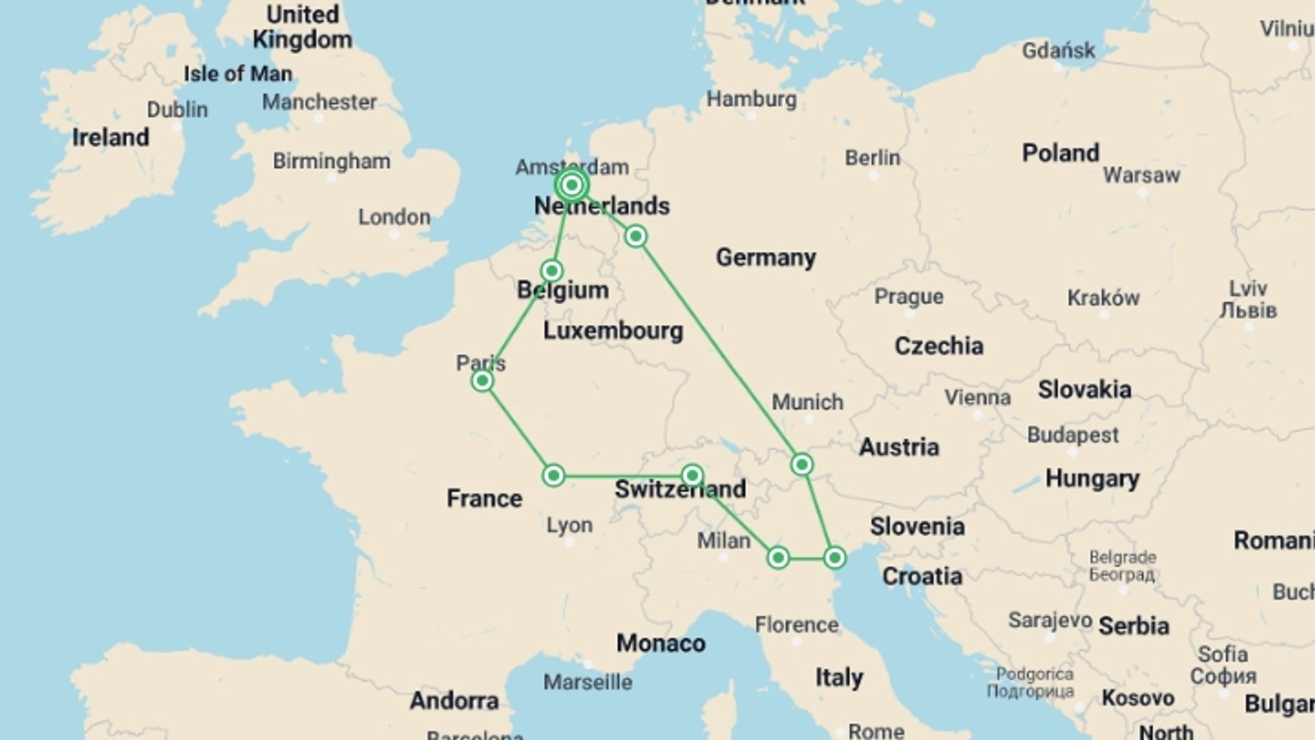 A map showing the tour itinerary for the trip: European Vistas, starting in Amsterdam, Holland and ending in Amsterdam, Holland going through 7 other destinations.