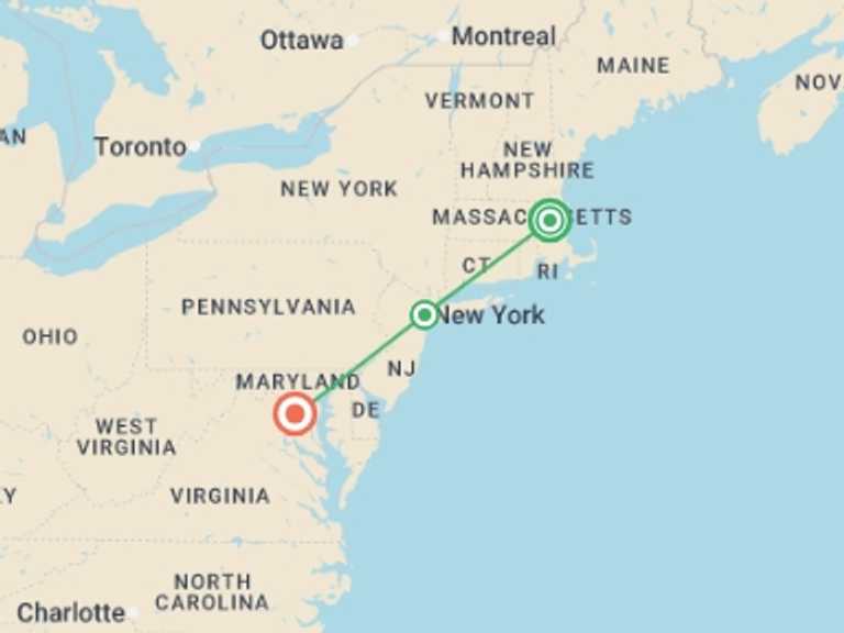 Map of North America Tour with 3 destination visits for the trip: Essential Boston to New York & Washington - 6 days