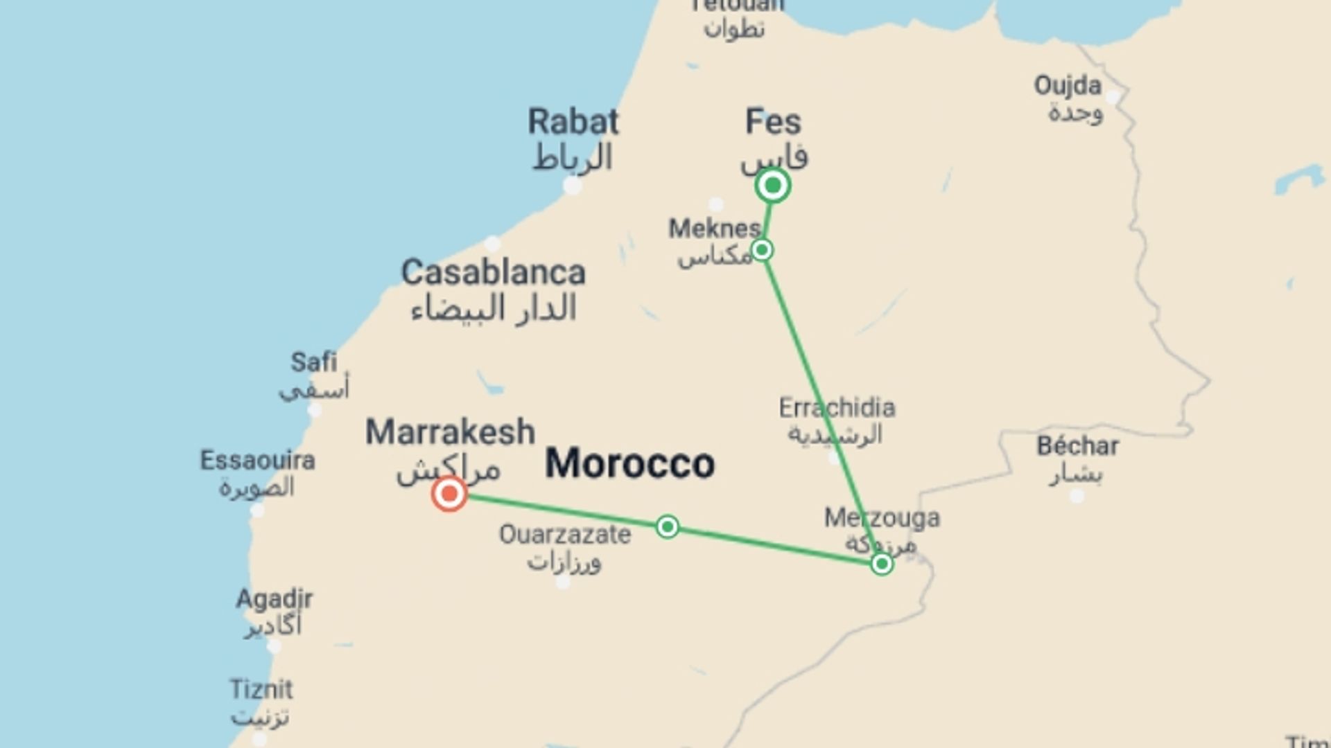 A map showing the tour itinerary for the trip: 3 Day Sahara Desert Tour from Fes to Marrakech, starting in Fez, morocco and ending in Marrakech, Morocco going through 2 other destinations.
