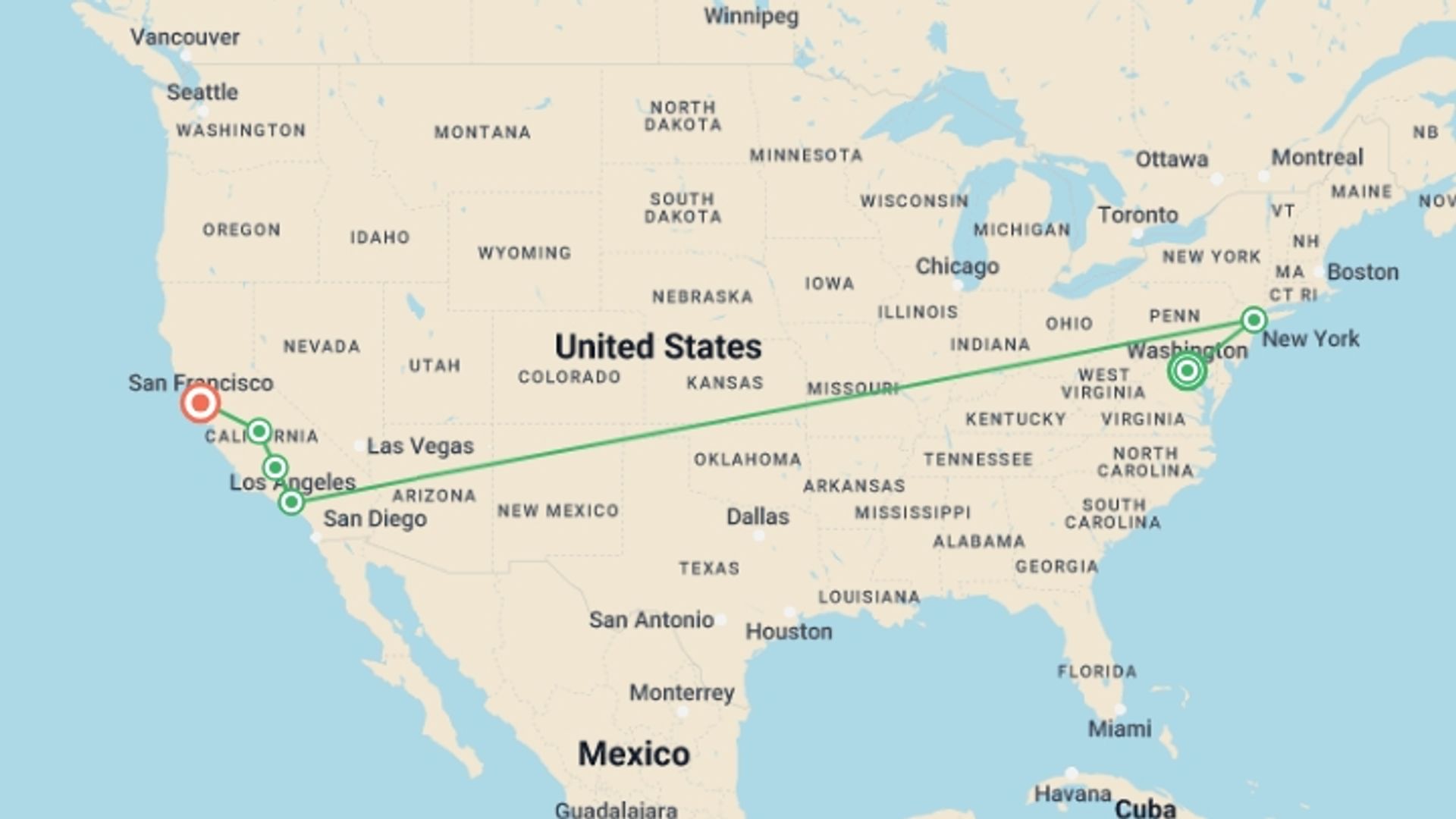 A map showing the tour itinerary for the trip: Washington, NY, and Western Classics, starting in Washington D.C., USA and ending in San Francisco, USA going through 4 other destinations.