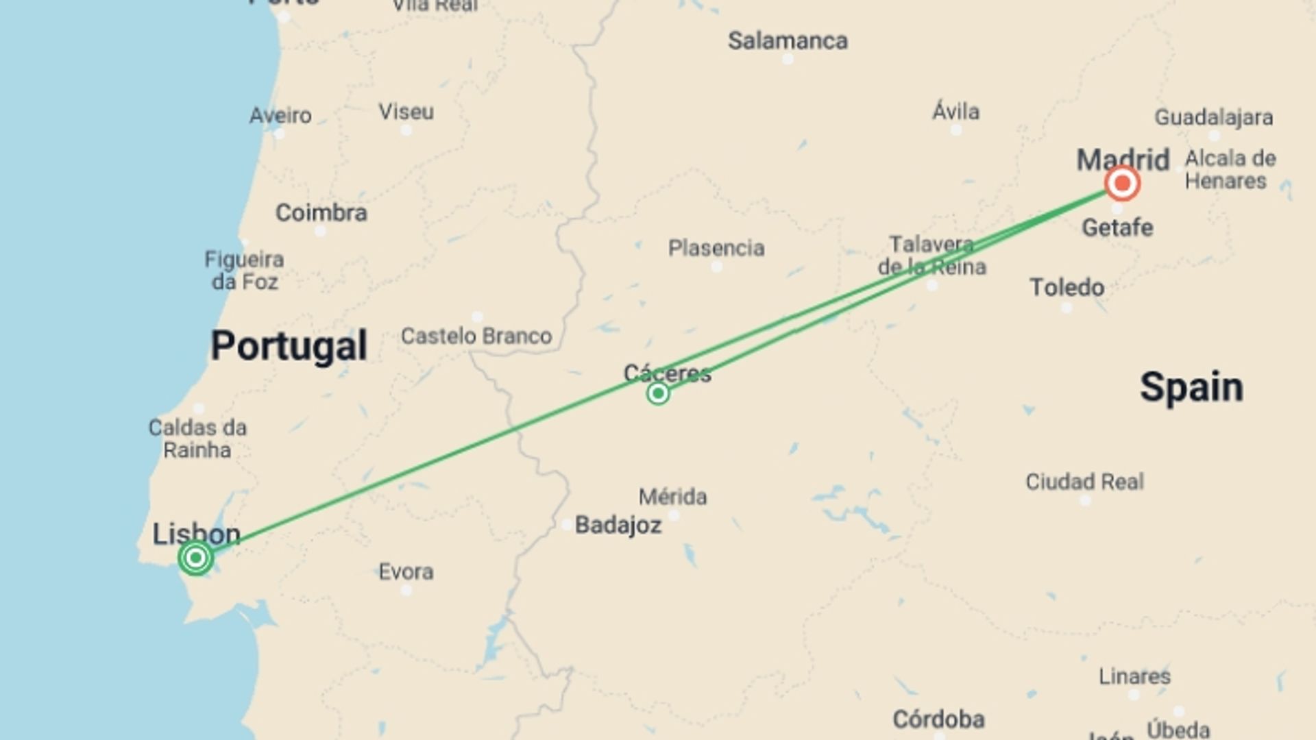 A map showing the tour itinerary for the trip: Iberian Capitals, starting in Lisbon, Portugal and ending in Madrid, Spain going through 1 other destinations.