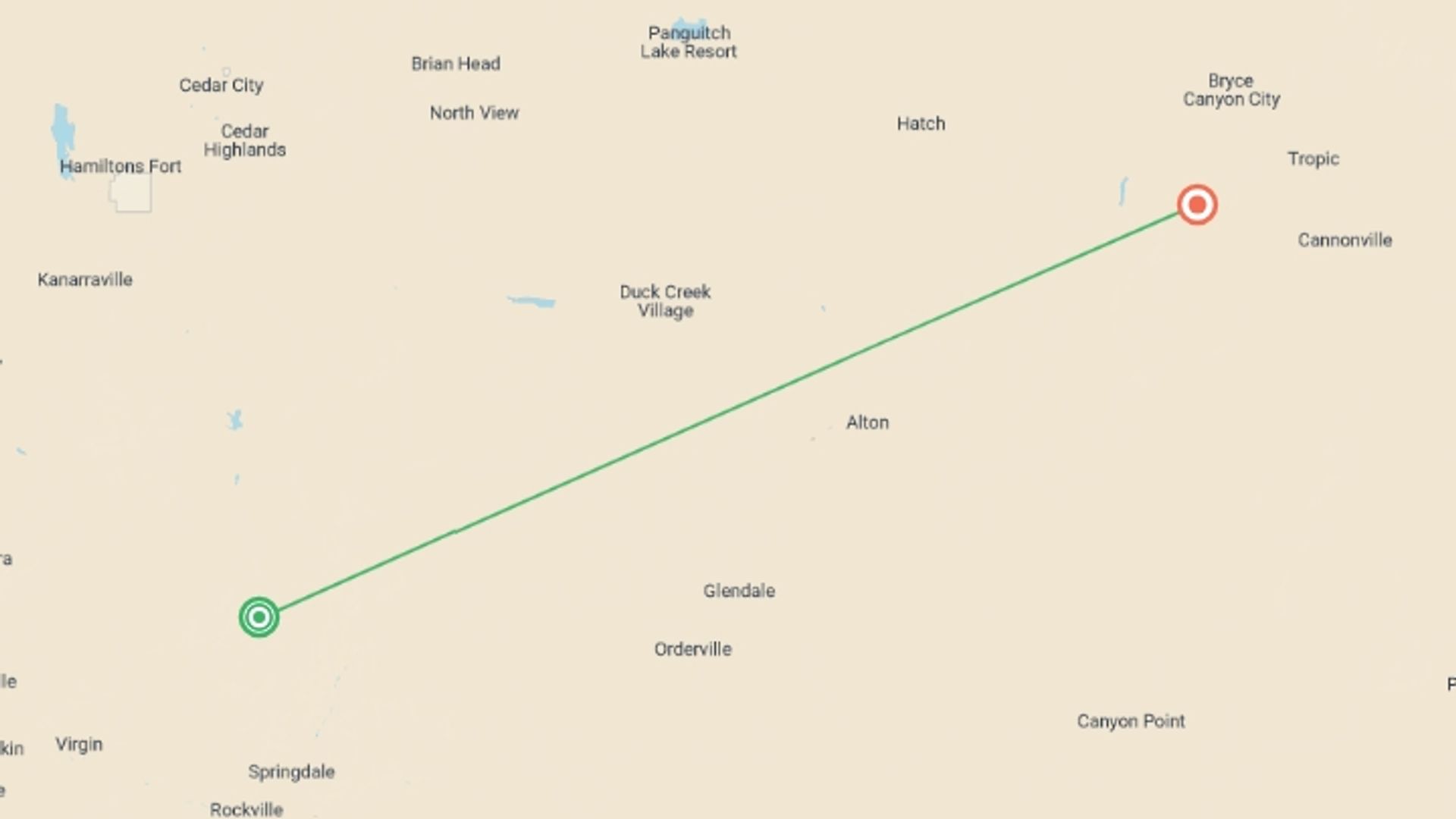 A map showing the tour itinerary for the trip: Hiking and Camping in Utah, starting in Zion National Park, USA and ending in Bryce Canyon National Park, USA going through 1 other destinations.
