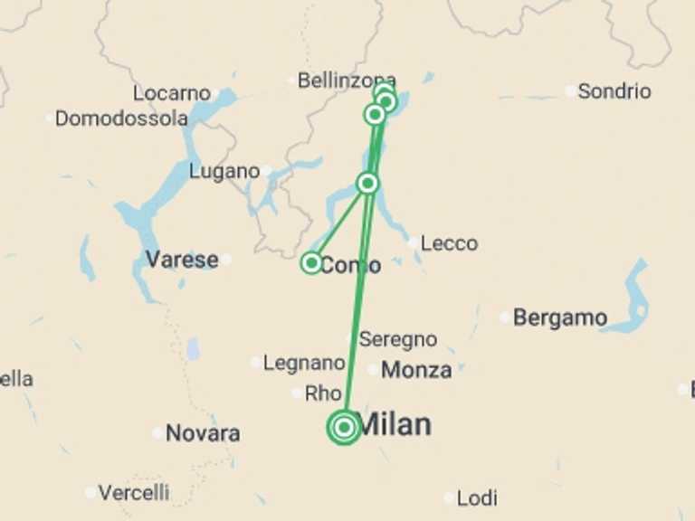Map itinerary of Mediterranean Tour in May 2026 with 6 destination visits for the trip: Lake Como Walking
