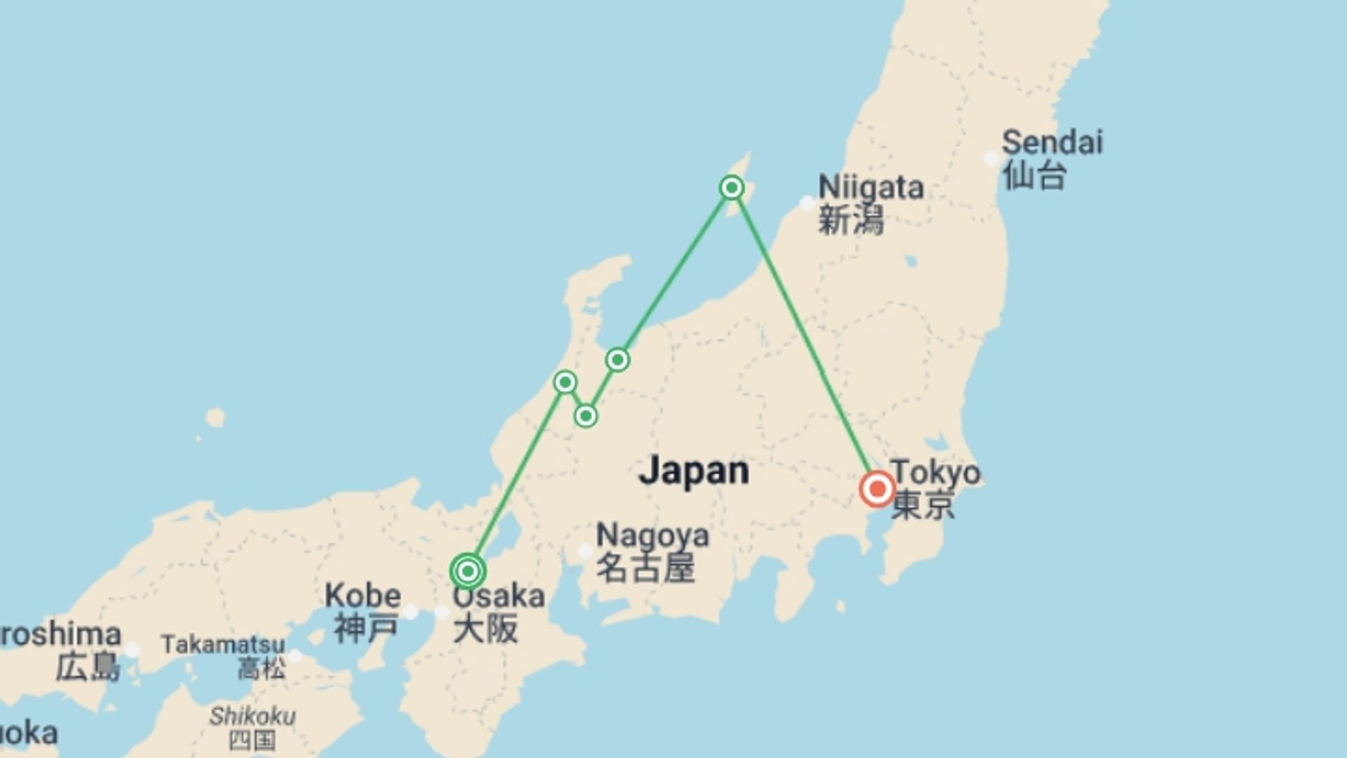 A map showing the tour itinerary for the trip: Cycle Japan, starting in Kyoto, Japan and ending in Tokyo, Japan going through 4 other destinations.