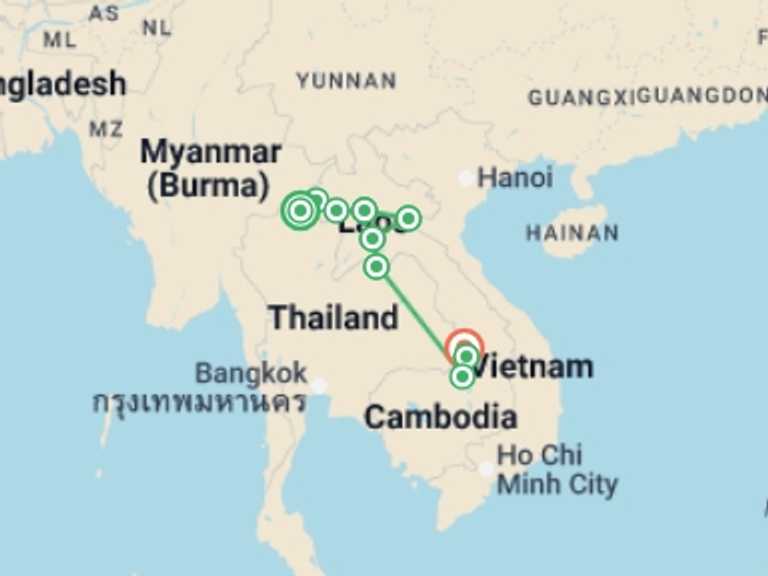 Map of a Cultural, religious and historic sites Tour with 10 destination visits for the trip: Thailand and Laos Discovery Tour