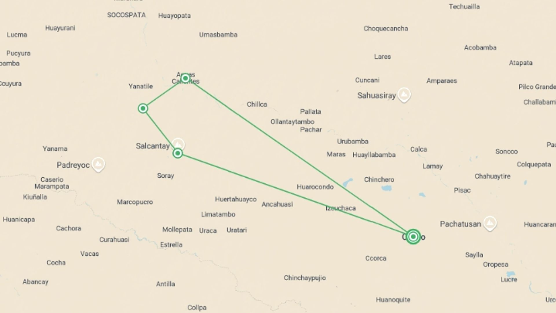 A map showing the tour itinerary for the trip: The Ultimate Trek to Machu Picchu: Salkantay Trek 5 Days, starting in Cusco, Peru and ending in Cusco, Peru going through 3 other destinations.