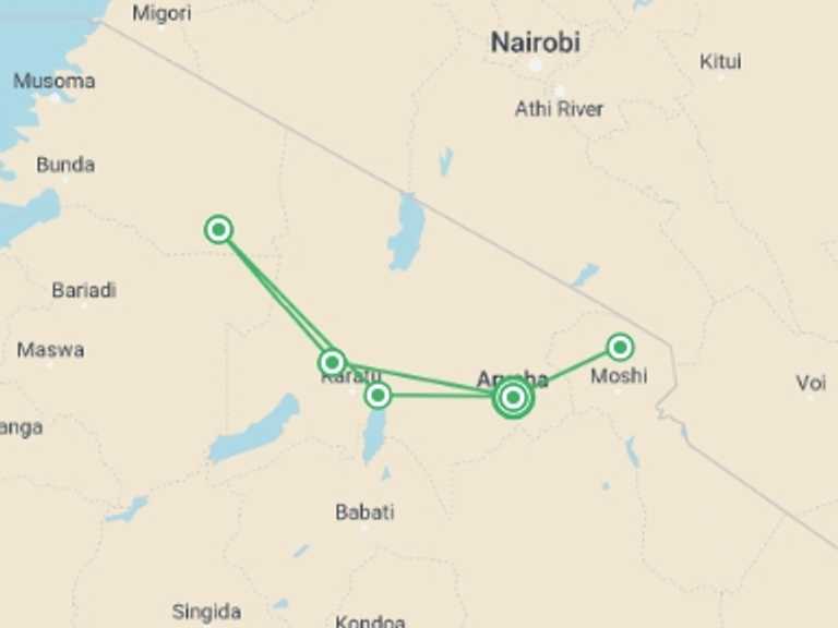 Map of Ngorongoro Crater Tour with 5 destination visits for the trip: Kifaru Safari, Serena Lodges - Private Tour