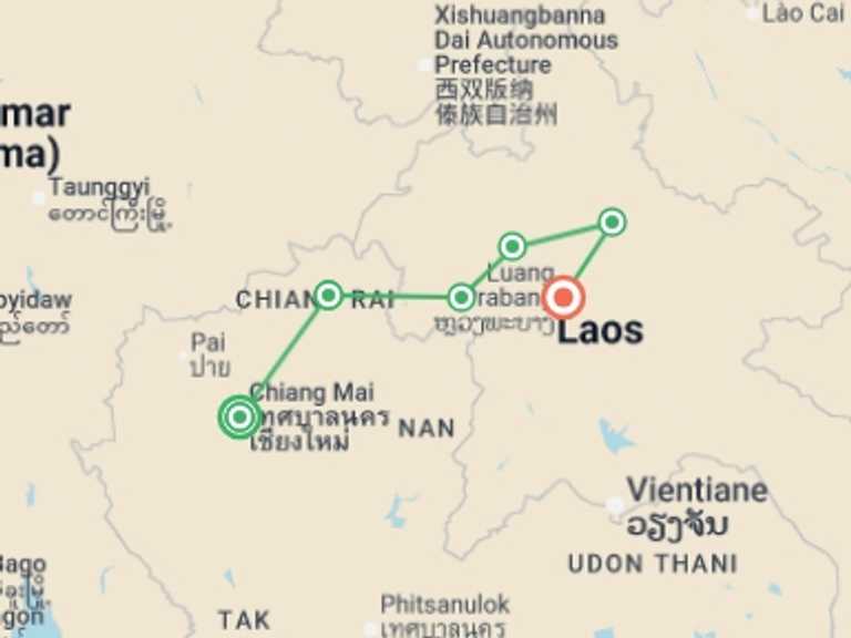 Map itinerary of Chiang Mai Tour in November 2026 with 6 destination visits for the trip: Cycling Chiang Mai to Luang Prabang
