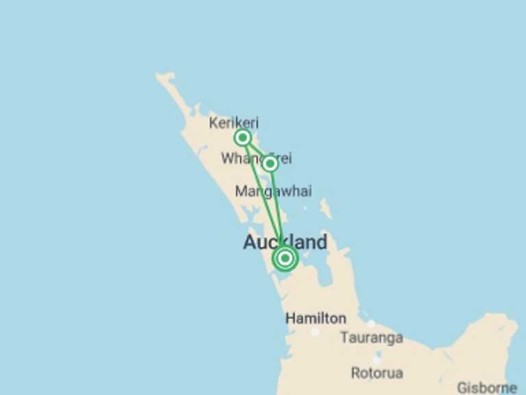 Map of Auckland Explorer Tour with 3 destination visits for the trip: Enchanting Northland