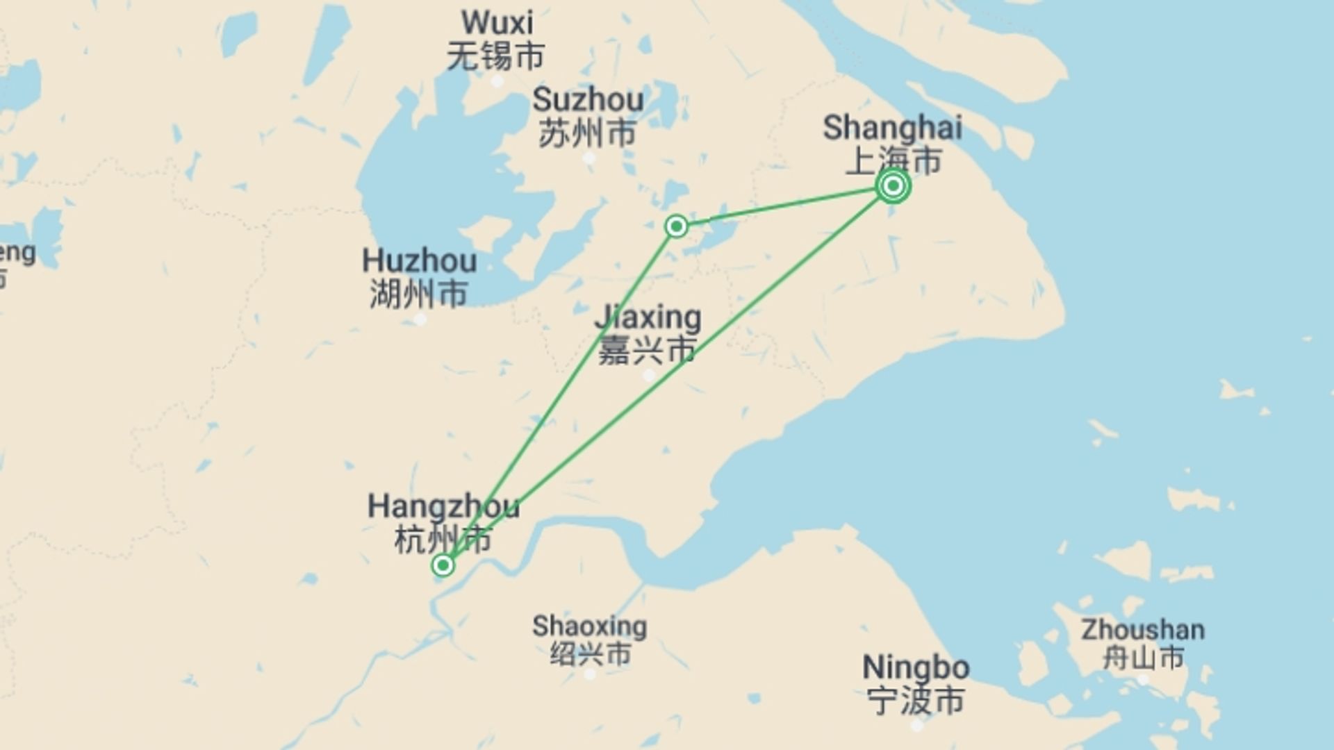 A map showing the tour itinerary for the trip: Ultimate 3-day: explore Shanghai, Suzhou and Hangzhou , starting in Shanghai, China and ending in Shanghai, China going through 2 other destinations.