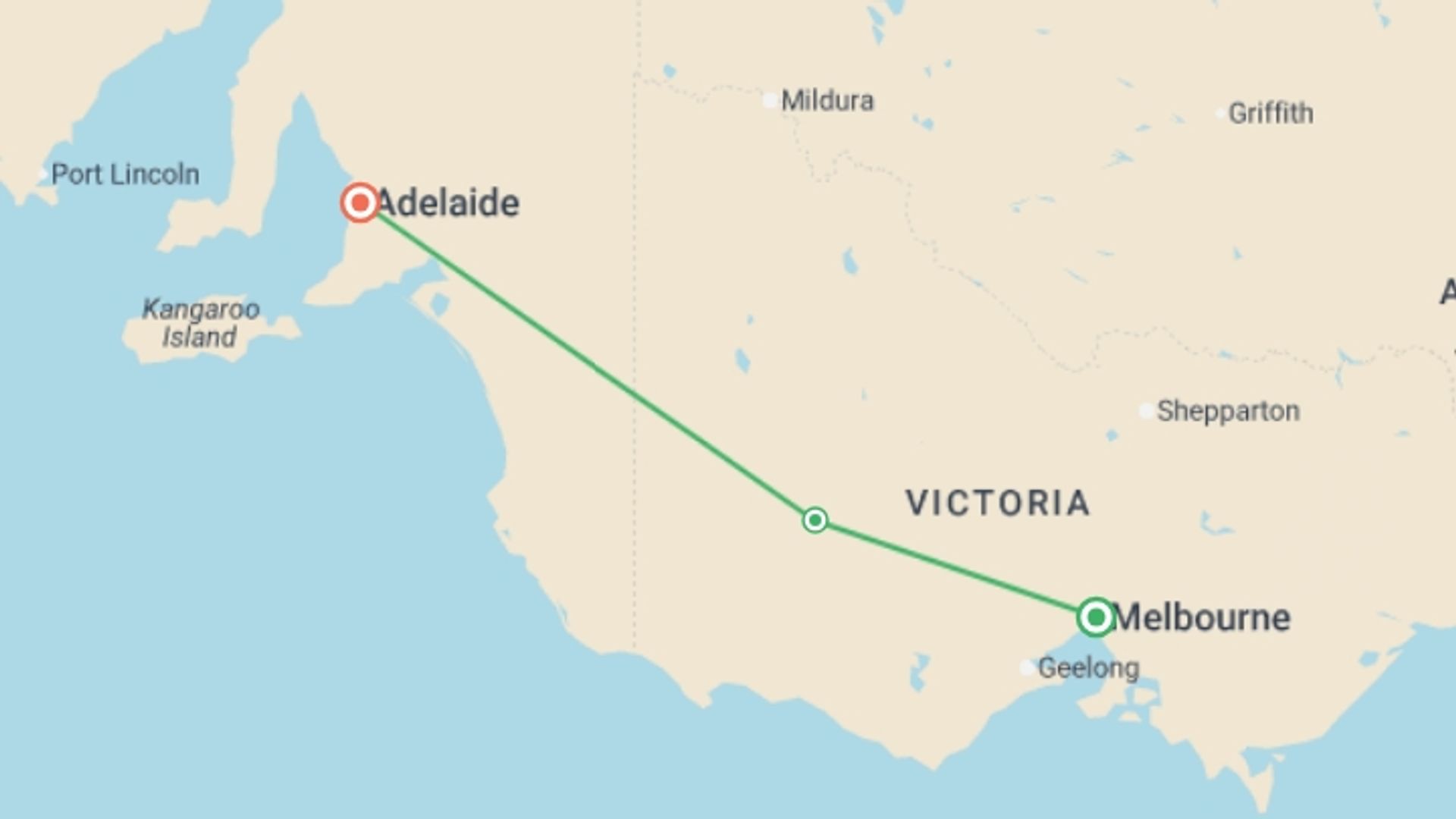A map showing the tour itinerary for the trip: Highlights of Melbourne to Adelaide - 2 days, starting in Melbourne, Australia and ending in Adelaide, Australia going through 1 other destinations.