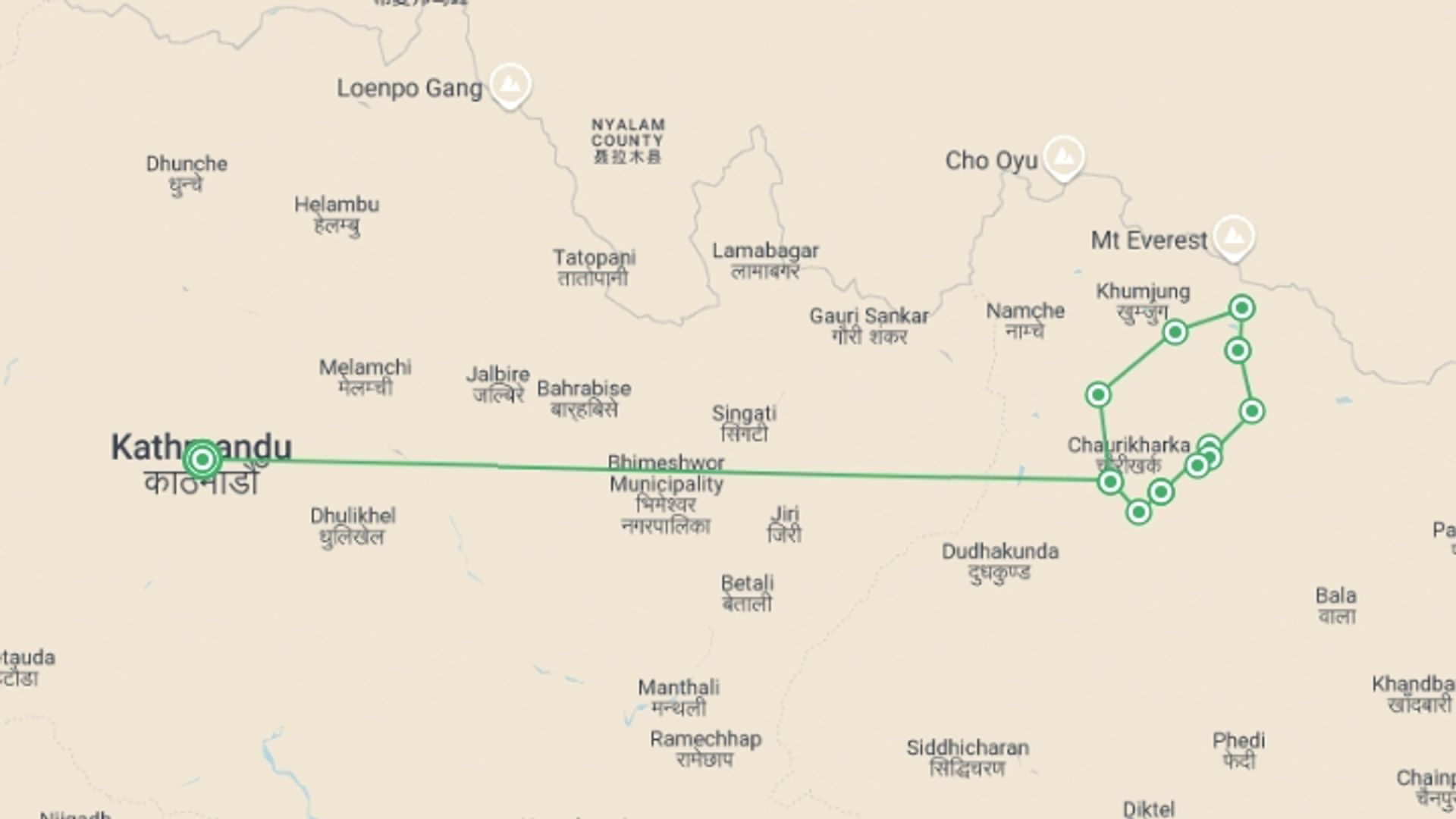 A map showing the tour itinerary for the trip: Two peak Climbing, starting in Kathmandu, Nepal and ending in Kathmandu, Nepal going through 12 other destinations.