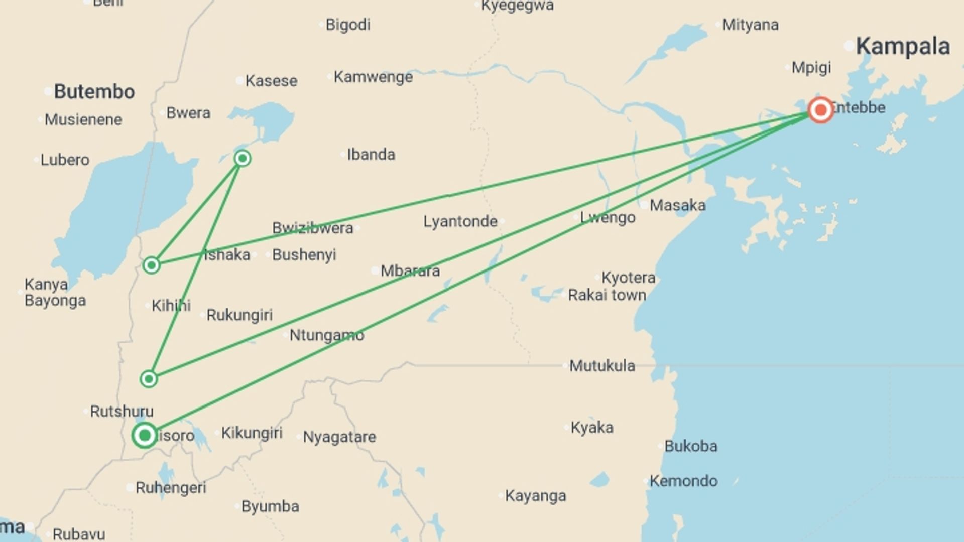 A map showing the tour itinerary for the trip: 7-Day Customized Safari Tour - Gorilla Trekking in Uganda, starting in Kisoro, Uganda and ending in Entebbe, Uganda going through 4 other destinations.