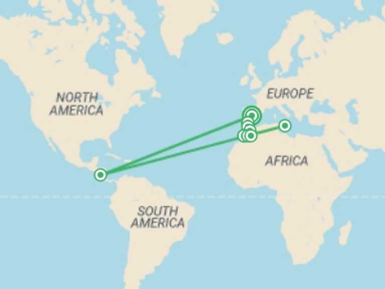 Map itinerary of Mediterranean Tour in July 2026 with 9 destination visits for the trip: Madrid and Magical Morocco