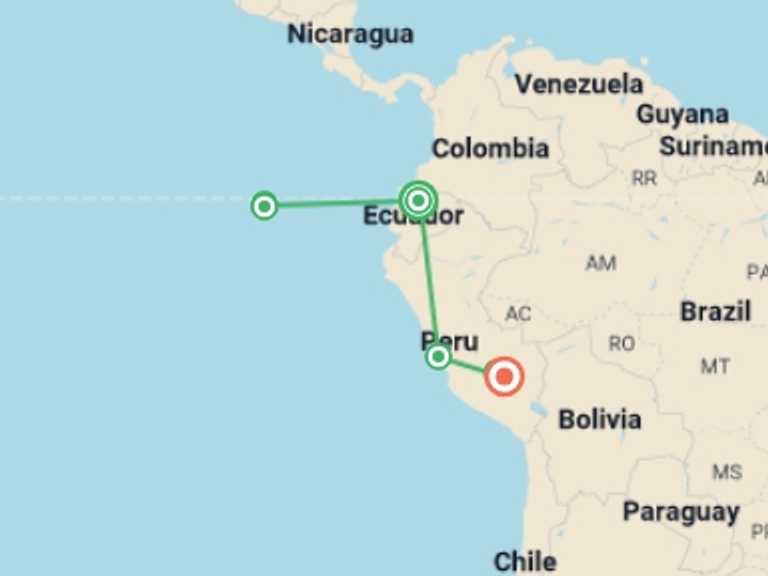 Map itinerary of South America Tour in February 2026 with 5 destination visits for the trip: Quito, Galapagos & Peru - 11 days