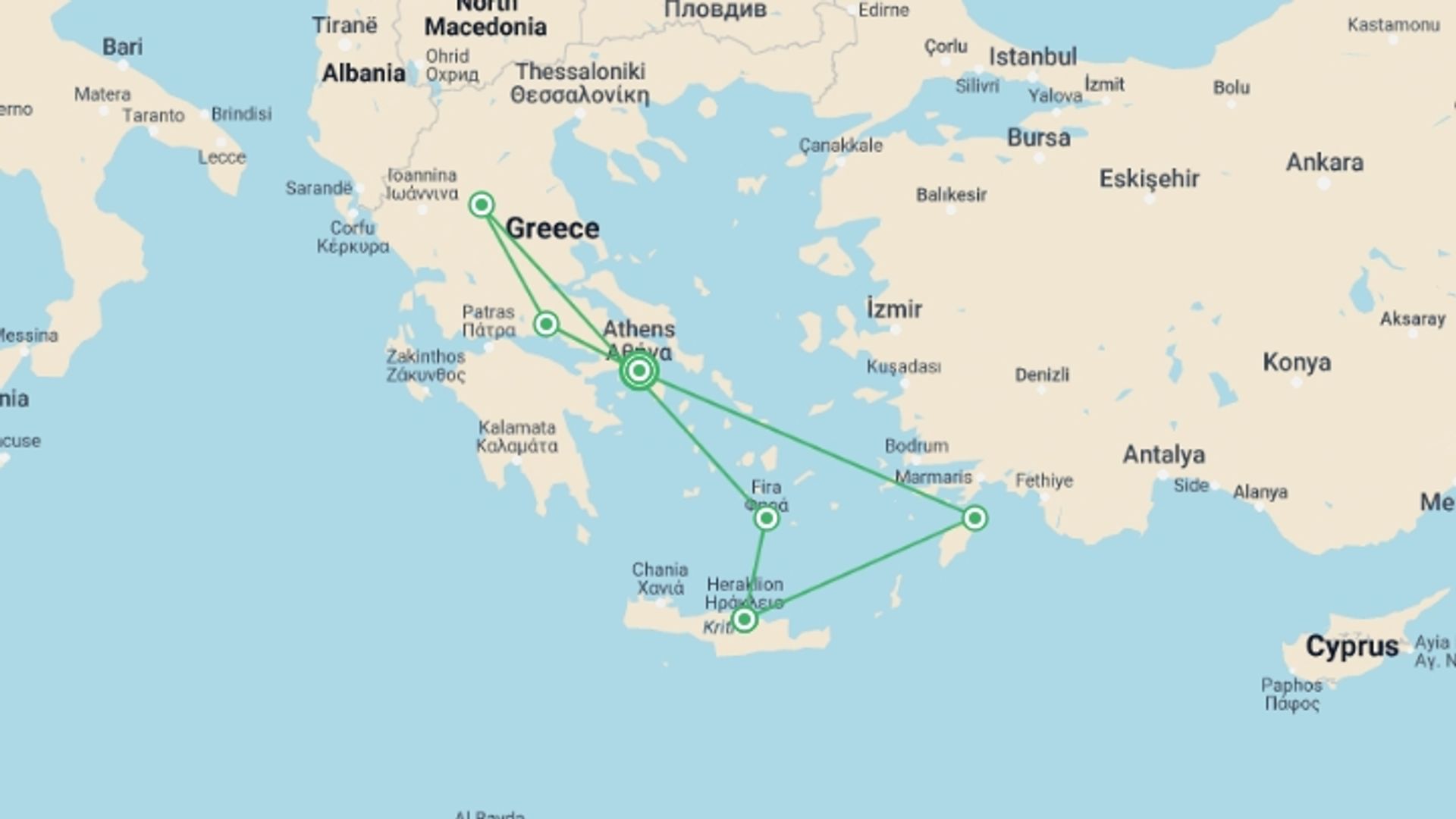 A map showing the tour itinerary for the trip: Rhodes, Crete, and Continental Greece, starting in Athens, Greece and ending in Athens, Greece going through 5 other destinations.