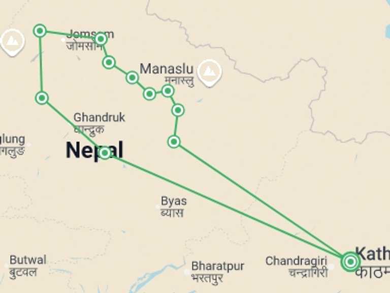 Map itinerary of Nepal Tour in Winter with 11 destination visits for the trip: Annapurna Circuit Trek 16D/15N (From Kathmandu)