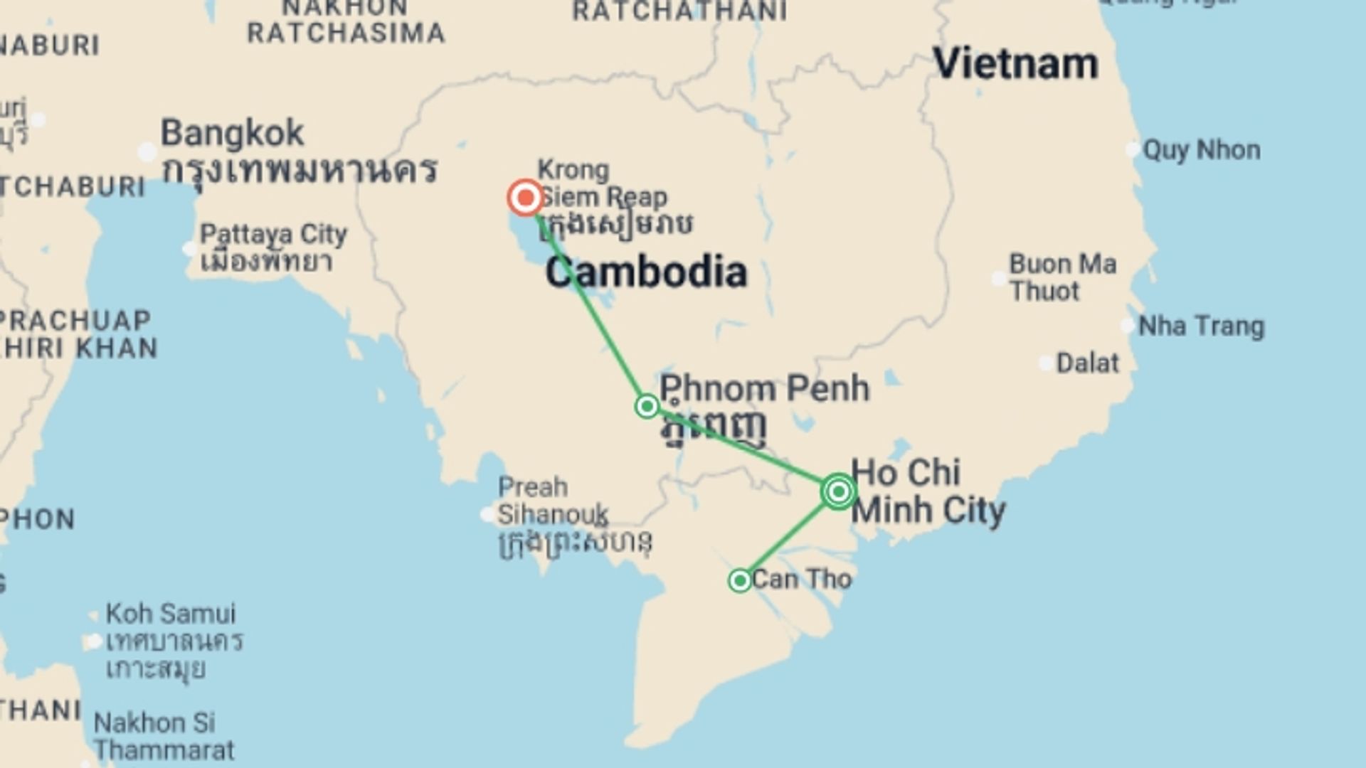 A map showing the tour itinerary for the trip: Saigon to Siem Reap - 8 days, starting in Ho Chi Minh City, Vietnam and ending in Siem Reap, Cambodia going through 3 other destinations.