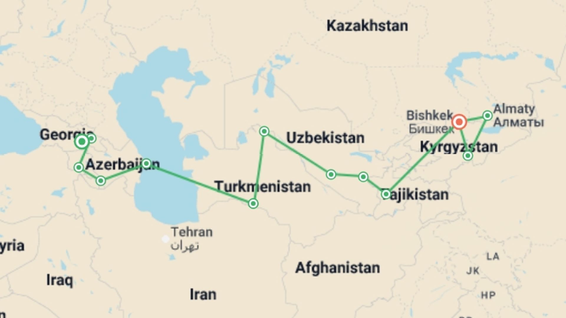 A map showing the tour itinerary for the trip: Tbilisi To Bishkek (70 Days), starting in Tbilisi, Georgia and ending in Bishkek, Kyrgyzstan going through 11 other destinations.