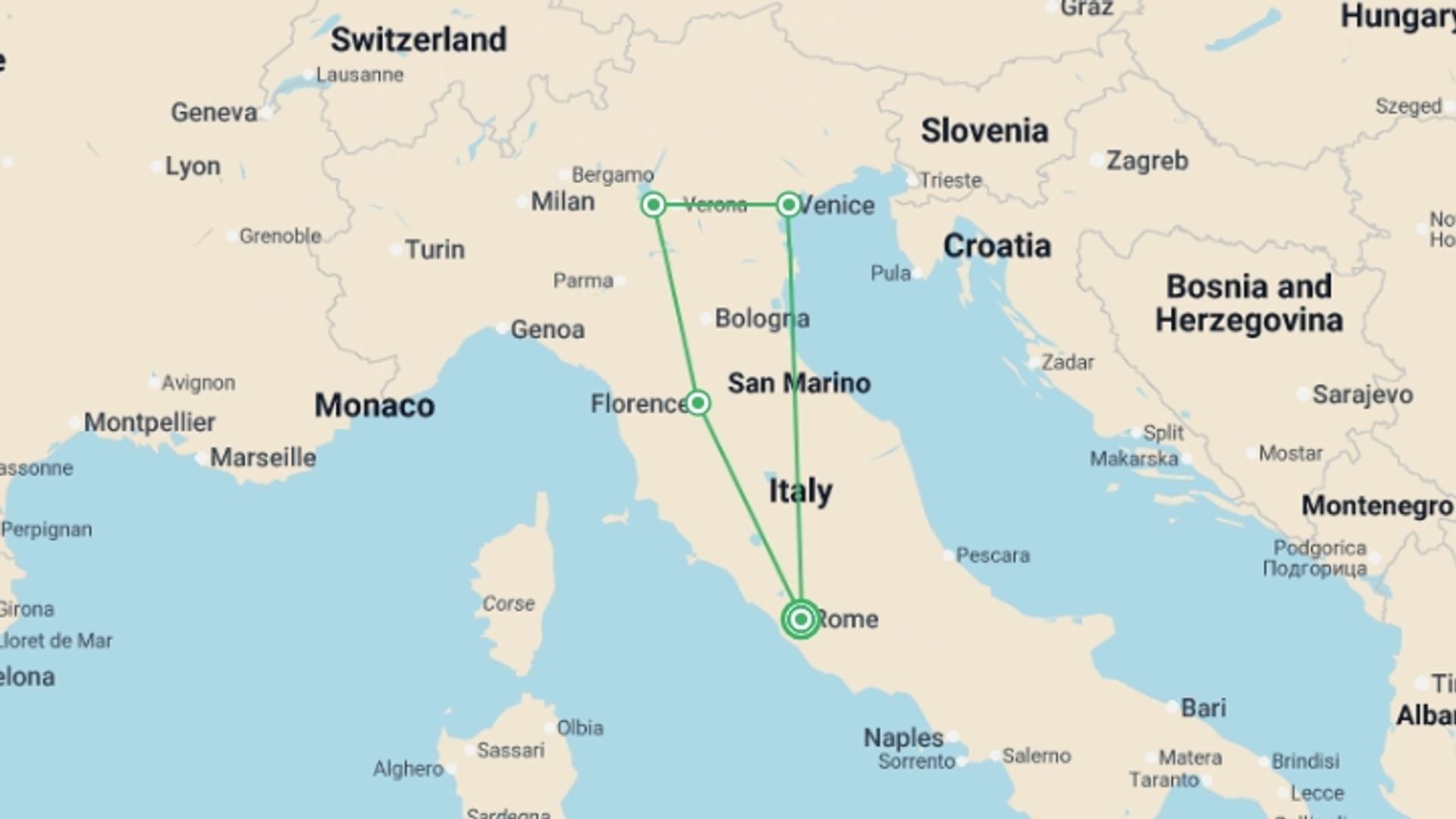 A map showing the tour itinerary for the trip: Italian Holiday, starting in Rome, Italy and ending in Rome, Italy going through 3 other destinations.