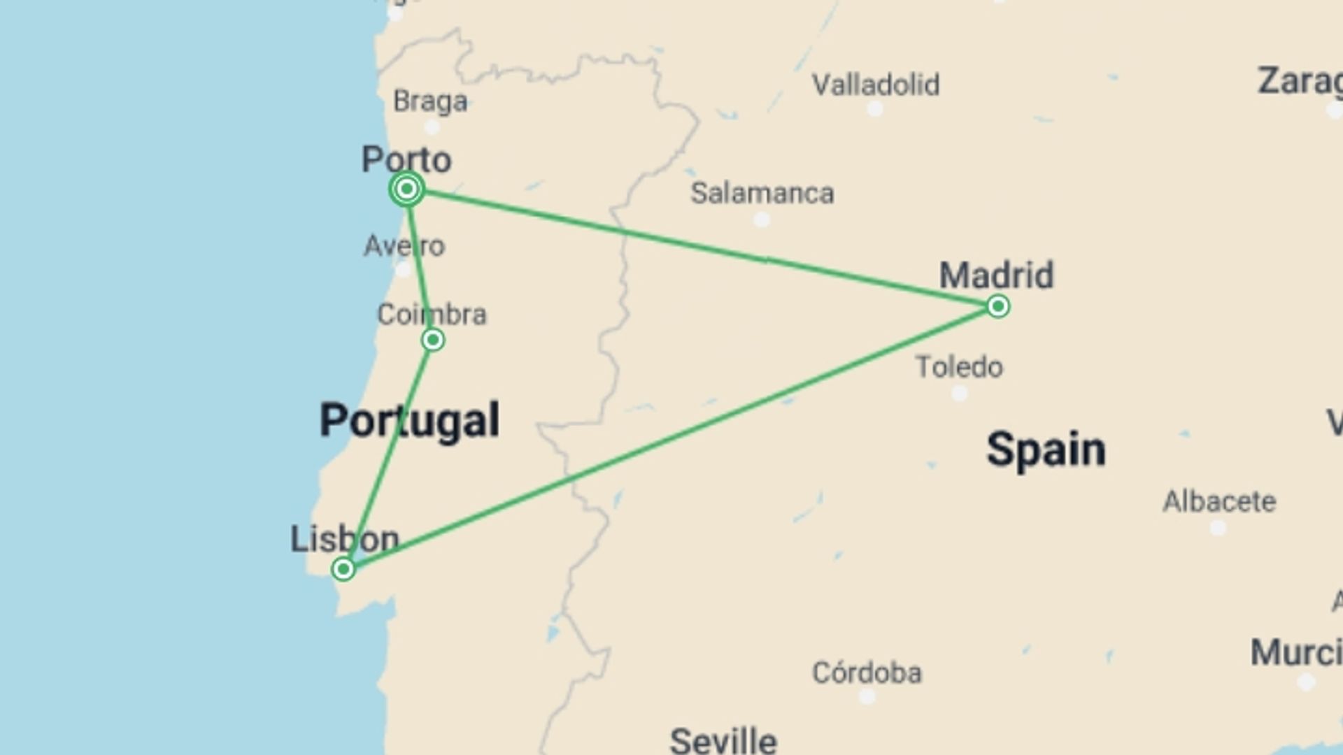 A map showing the tour itinerary for the trip: Porto, Coimbra, Fatima, Lisbon & Madrid 6 Days, starting in Porto, Portugal and ending in Porto, Portugal going through 3 other destinations.