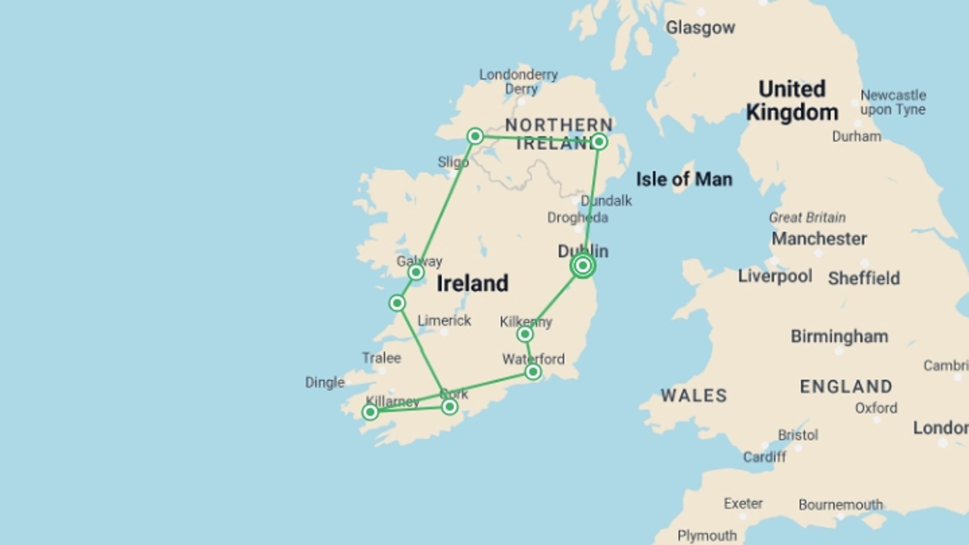 A map showing the tour itinerary for the trip: Best of Ireland, starting in Dublin, Ireland and ending in Dublin, Ireland going through 9 other destinations.