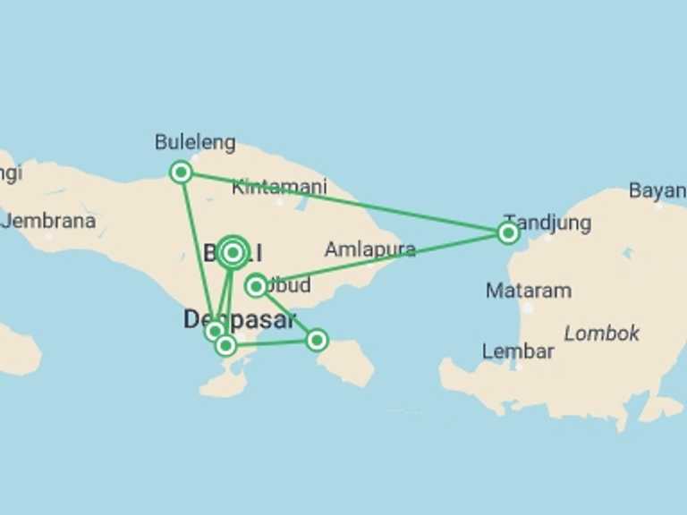 Map of Indonesia Tour with 8 destination visits for the trip: Bali Experience 15 day