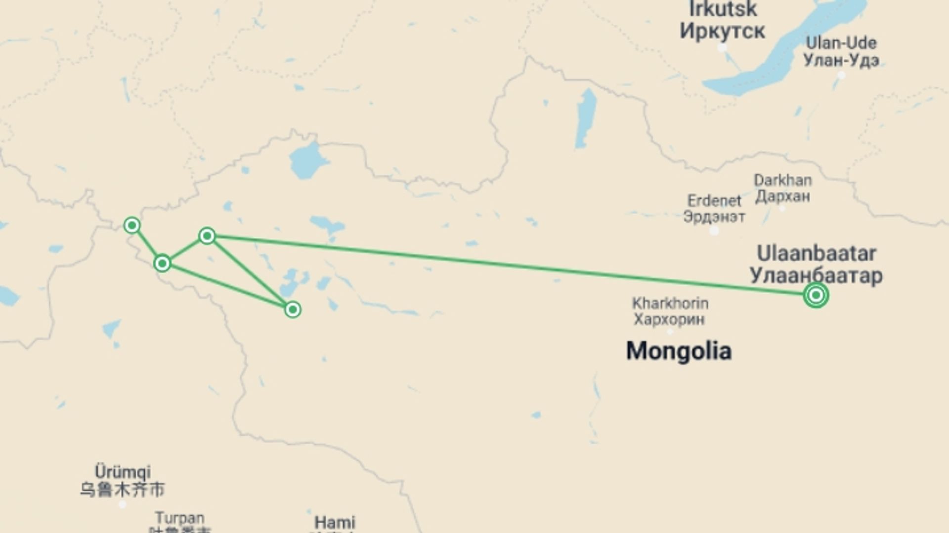 A map showing the tour itinerary for the trip: Mongolian Tavan Bogd Trek, starting in Ulaanbaatar, Mongolia and ending in Ulaanbaatar, Mongolia going through 5 other destinations.