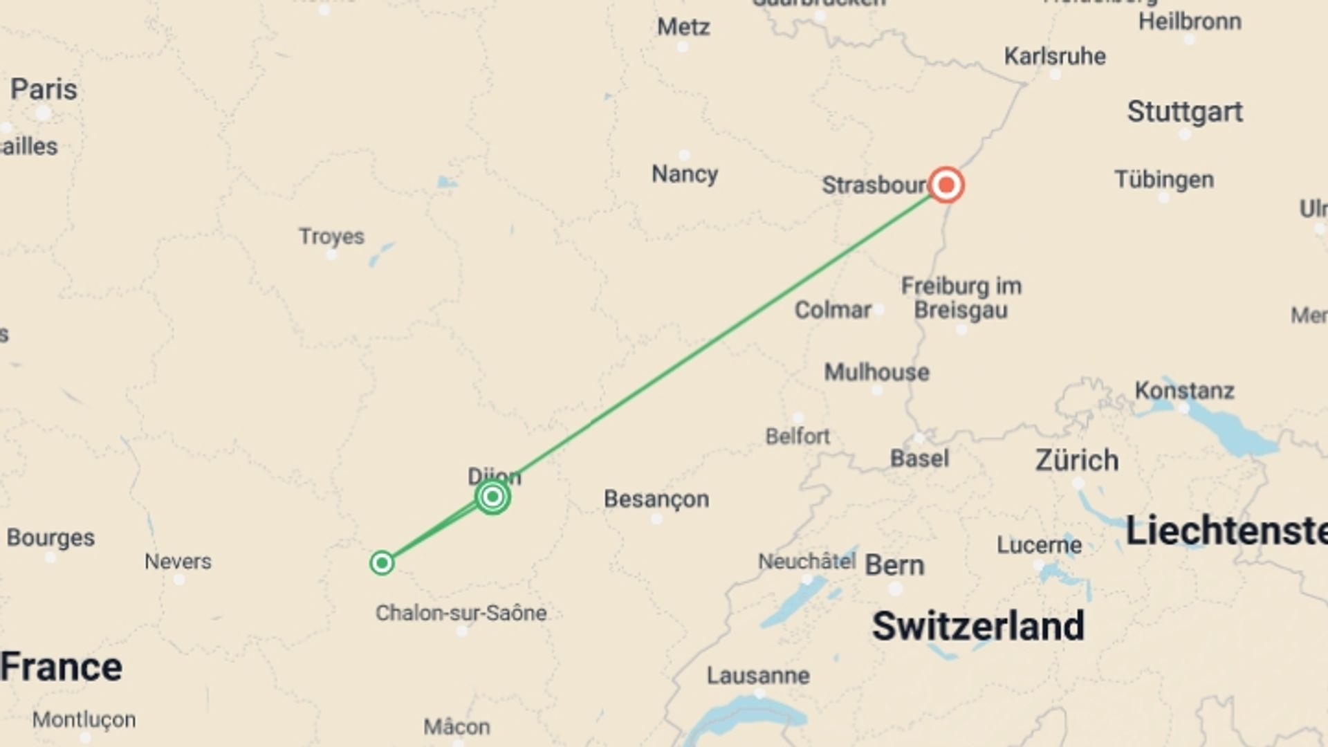 A map showing the tour itinerary for the trip: Burgundy & Alsace: Vineyards, Villages & Heritage, starting in Dijon, France and ending in Strasbourg, France going through 1 other destinations.